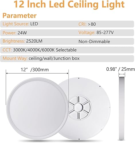 Miniatura 6 de OFFIY 6PK - Lámpara de techo LED de montaje empotrado de 12 pulgadas, 24 W, 2520 LM, 3000 K4000 K6000 K CCT seleccionable, luz de techo LED súper