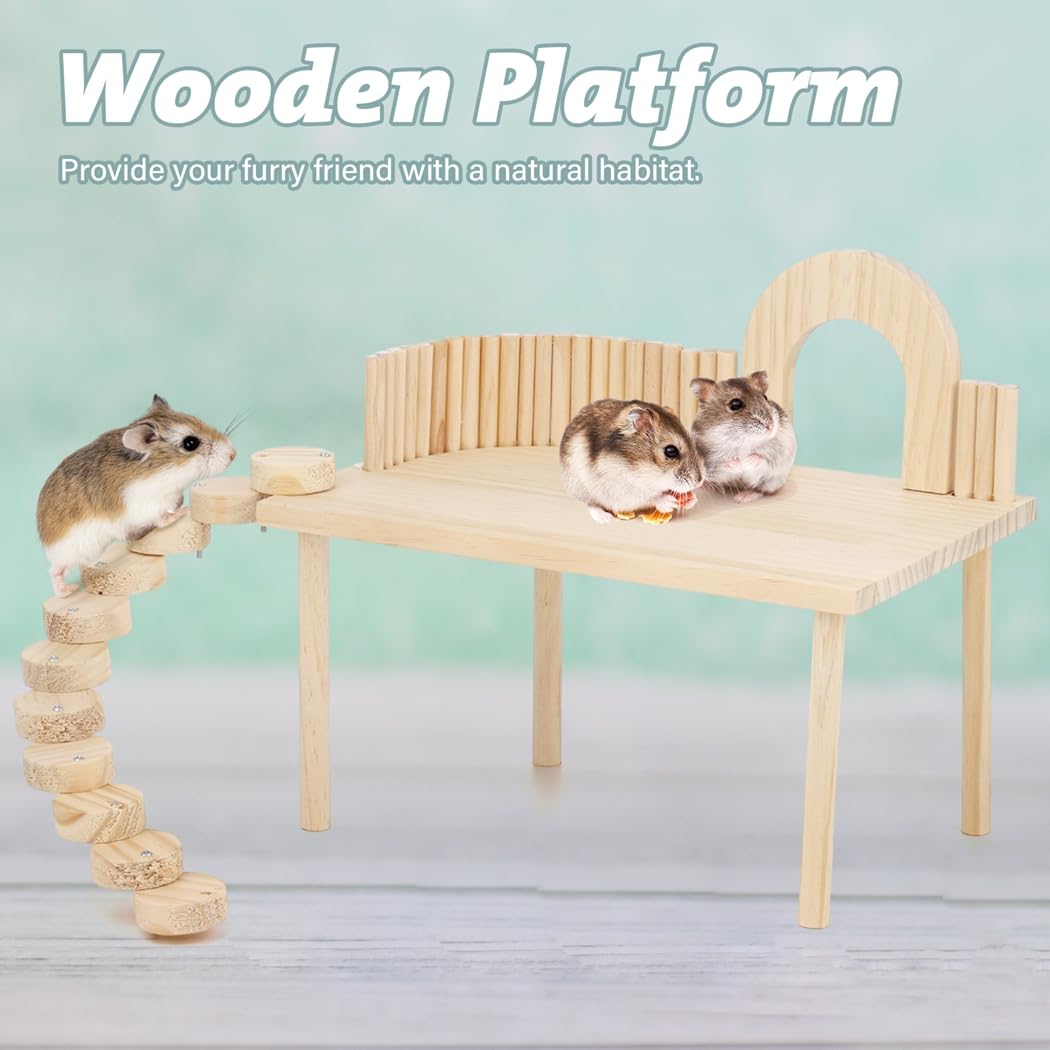 Hamster Spielständer aus Holz mit Kletterleiter Meerschweinchen Spielplatz mit Zaun Aktivitätsspielzeug für Eichhörnchen, Rennmäuse, Ratten