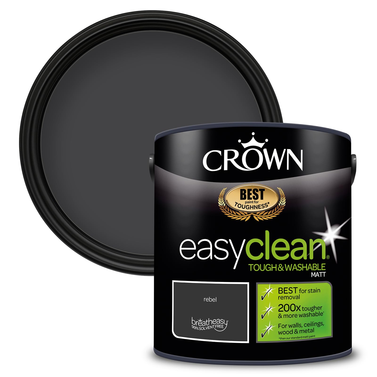 Crown Rebel - Washable Matt Emulsion Paint for Walls and Ceilings - Stain Resistant - Deep Charcoal Finish - Hallway and Playroom - Water Based, Low Odour Paint - 2.5L
