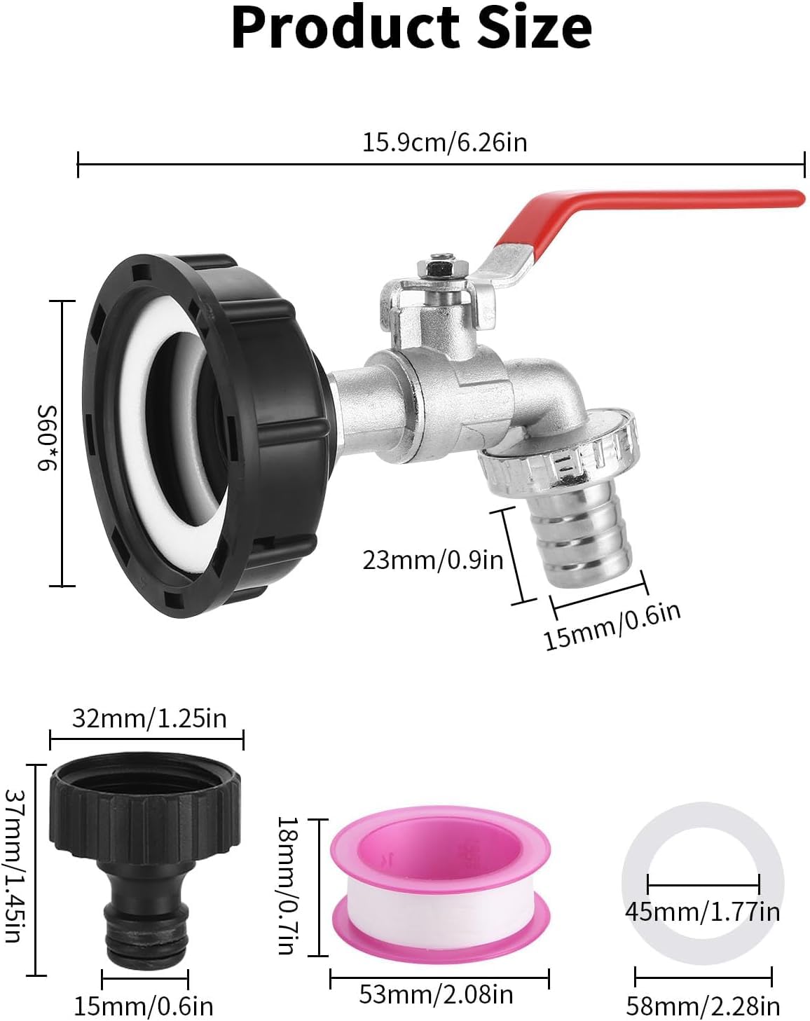 GEDEGOOK IBC Container Accessori,IBC Adattatore Rubinetto Giardino,Adattatore per Serbatoio Dell'acqua da 3/4" con Anelli di Tenuta,Raccordo Rubinetto in Lega per IBC Vasca da 1000L 60MM (3/4)