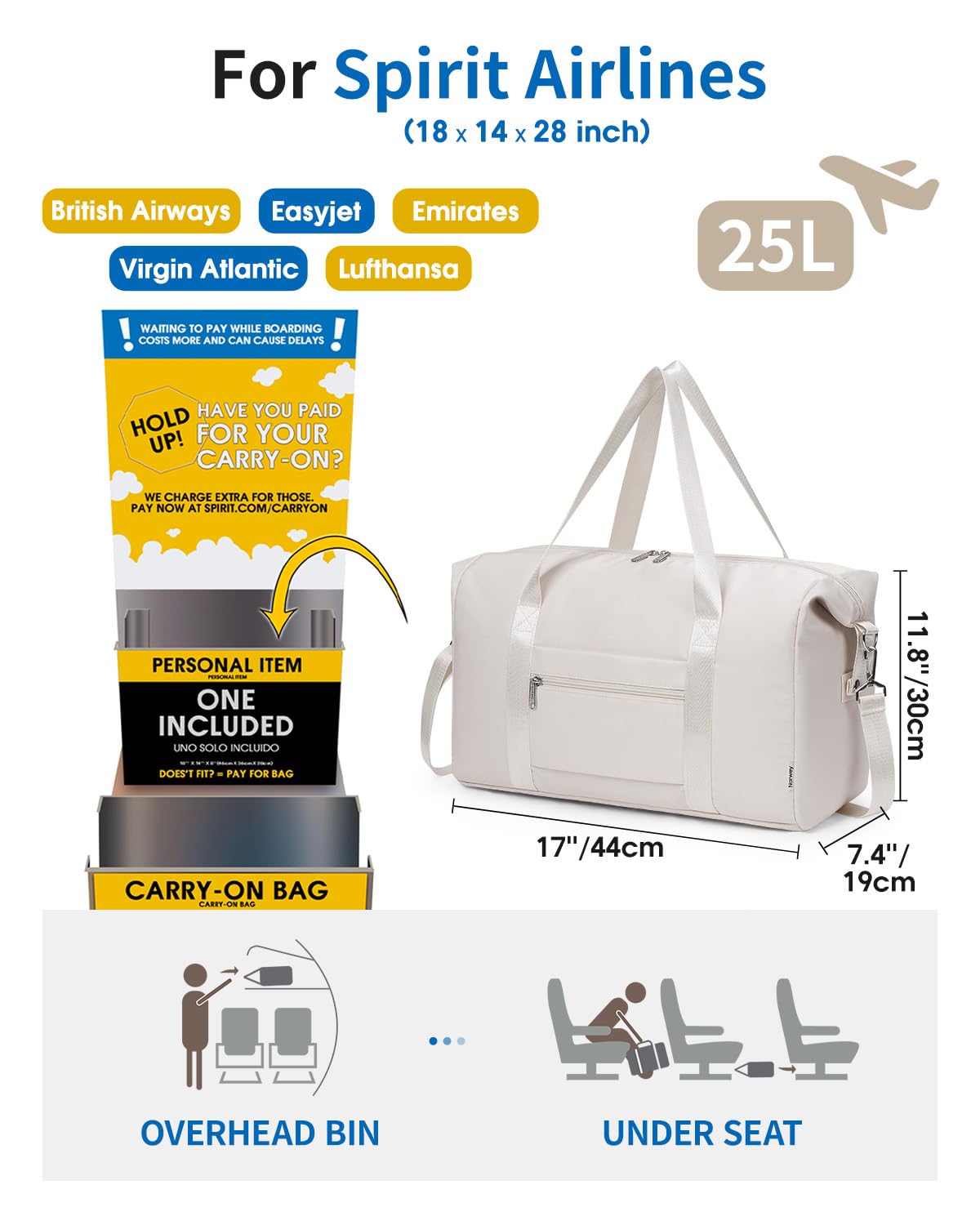 Narwey Travel Duffle Bag for Women Men, Weekender Sports Gym Tote Bags for Women, Personal Item Travel Bag Airplane, Overnight Hospital Shoulder Bag, Carry on Luggage with Trolley Sleeve (Beige) - 3