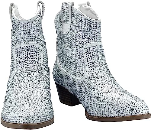 Forever Girls Rhinestone Cowboy Boots Kids Low Heel Dress Booties River-01K White 13