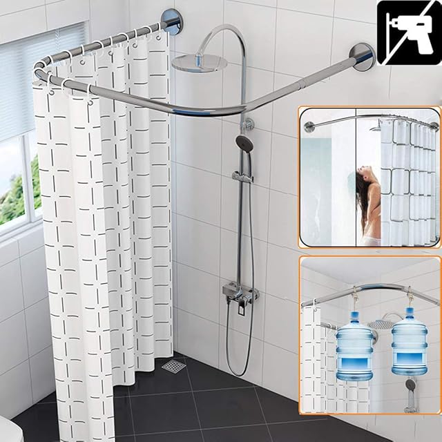 HNCS Shower Curtain Rod Extendable Curved Corner Bath Curtain Rail Bar U Shaped No Drilling Adjustable 304 Stainless Steel Bathroom Tub Pole Decorative,80 to 120 * 80 * 80 to 120cm