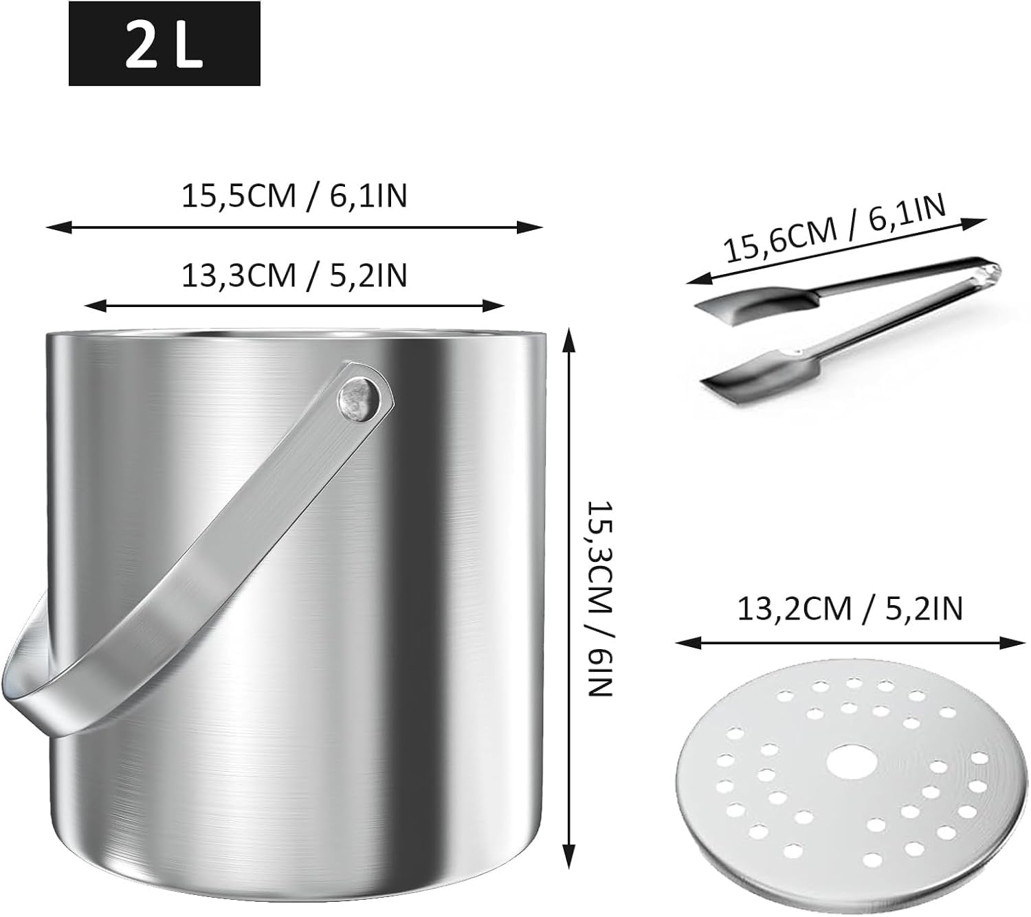 Ice Cube Tray, pojemnik na kostki lodu, 2 l, ze stali nierdzewnej, z sitkiem i szczypcami do lodu, do przechowywania lodu i chłodzenia napojów, kolor srebrny