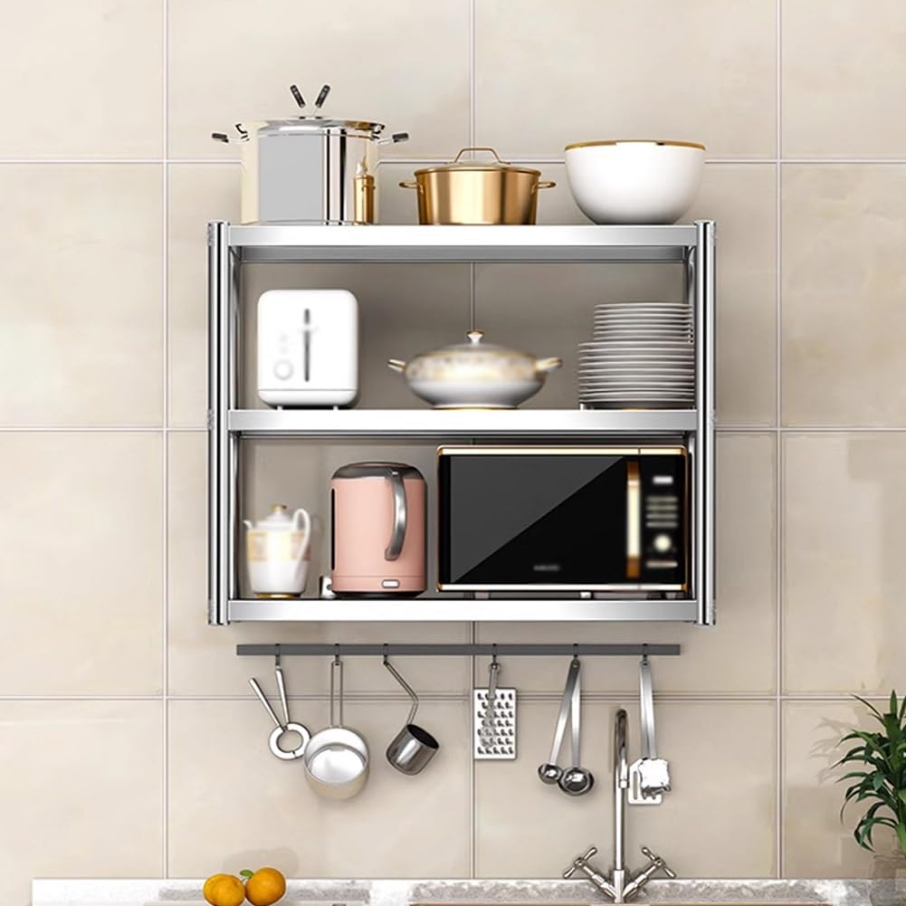 Edelstahl Wand Regale, Wandmöbel Plat Organisation Regal, Schwerlast Schwebend Hängend Montieren Lagerung Gestell Für Restaurant Bar Heim Küche (Farbe : Silver, Größe : 90x40x75cm)