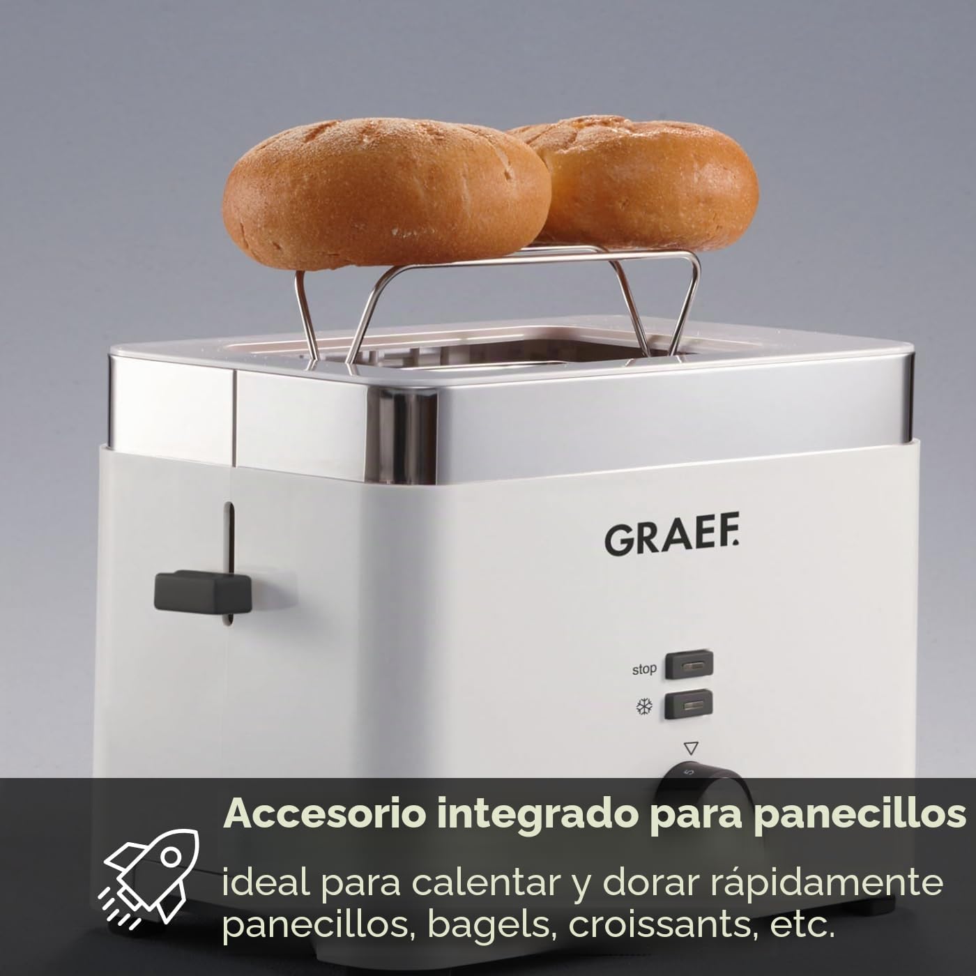 GRAEF Tostadora TO61 blanca, 2 rebanadas, centrado, accesorio panecillos, tostado ajustable, recogemigas, parada, descongelación