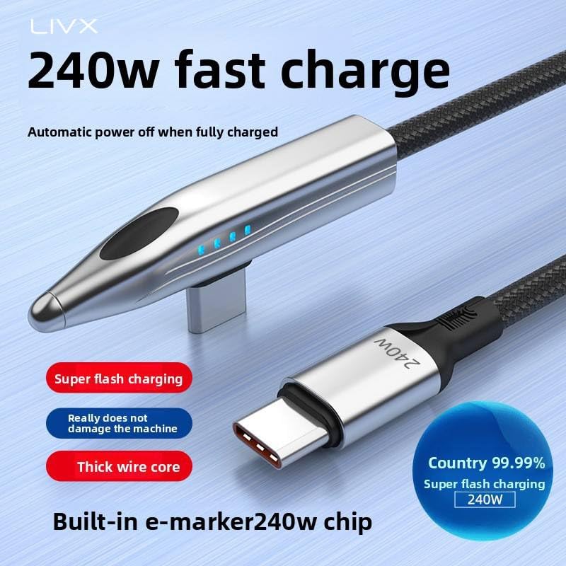 LivX Metro 240W 90° Açılı 1.8 Metre Type-C to Type-C Hızlı Şarj Oyuncu Kablosu Otomatik Kapanma ve LED Göstergeli Siyah CTR-02