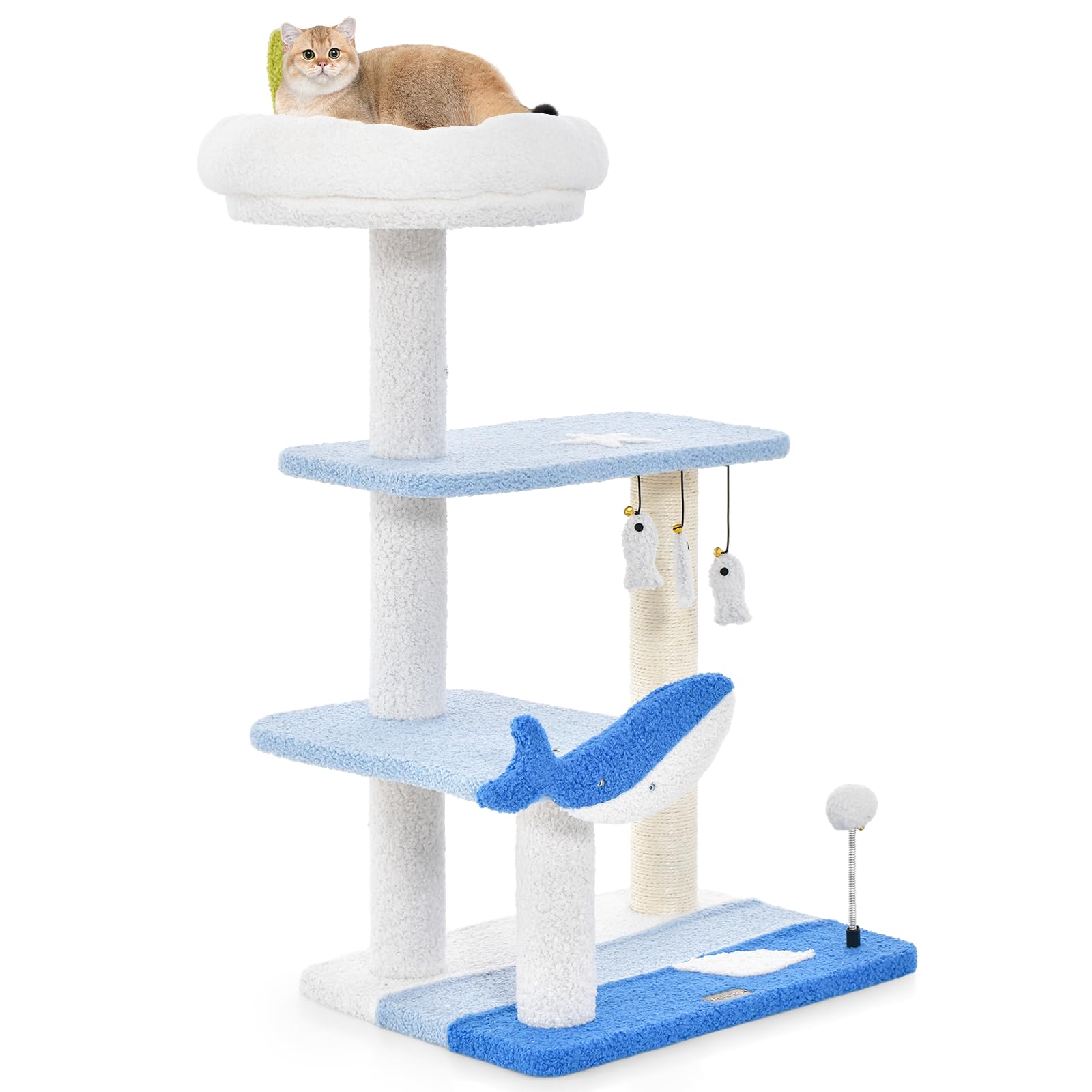 Maxmass Cat Tree, Multi-level Kitten Tower with Padded Perch, Sisal Rope Posts and Hanging Toys, Indoor Cats Climbing Frame for Bedroom Living Room Pet Store (49x38x93cm)