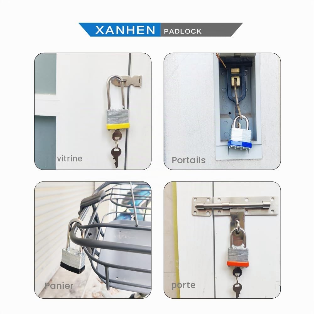 Lot de 12 cadenas d'extérieur à clé avec la même clé – Cadenas à clé en acier laminé avec anse normale, pour loquet à moraillon, abris de jardin, clôtures, casier de rangement, école, salle de sport