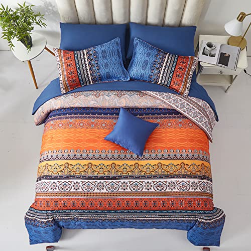 Image of Cottolester Boho Comforter Set Queen Size 8 Piece Bed in a Bag Burnt Orange Paisley Fall Comforter and Sheet Set Bohemian Striped Bedding Set,Soft Microfiber Complete Bedding Set