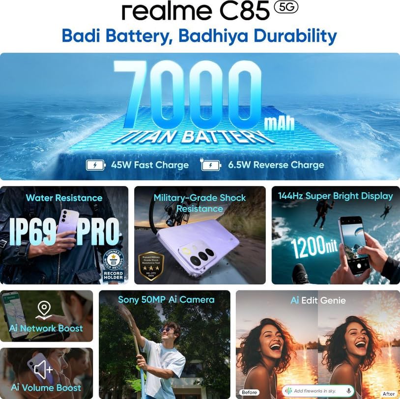 Image of realme C85 5G Smartphone (Peacock Green, 4GB RAM, 128GB Storage) | MediaTek Dimensity 6300 | 7,000mAh Battery | 50MP Rear Camera | 8MP Front Camera | 6.8-inch HD+ Display | Android 16