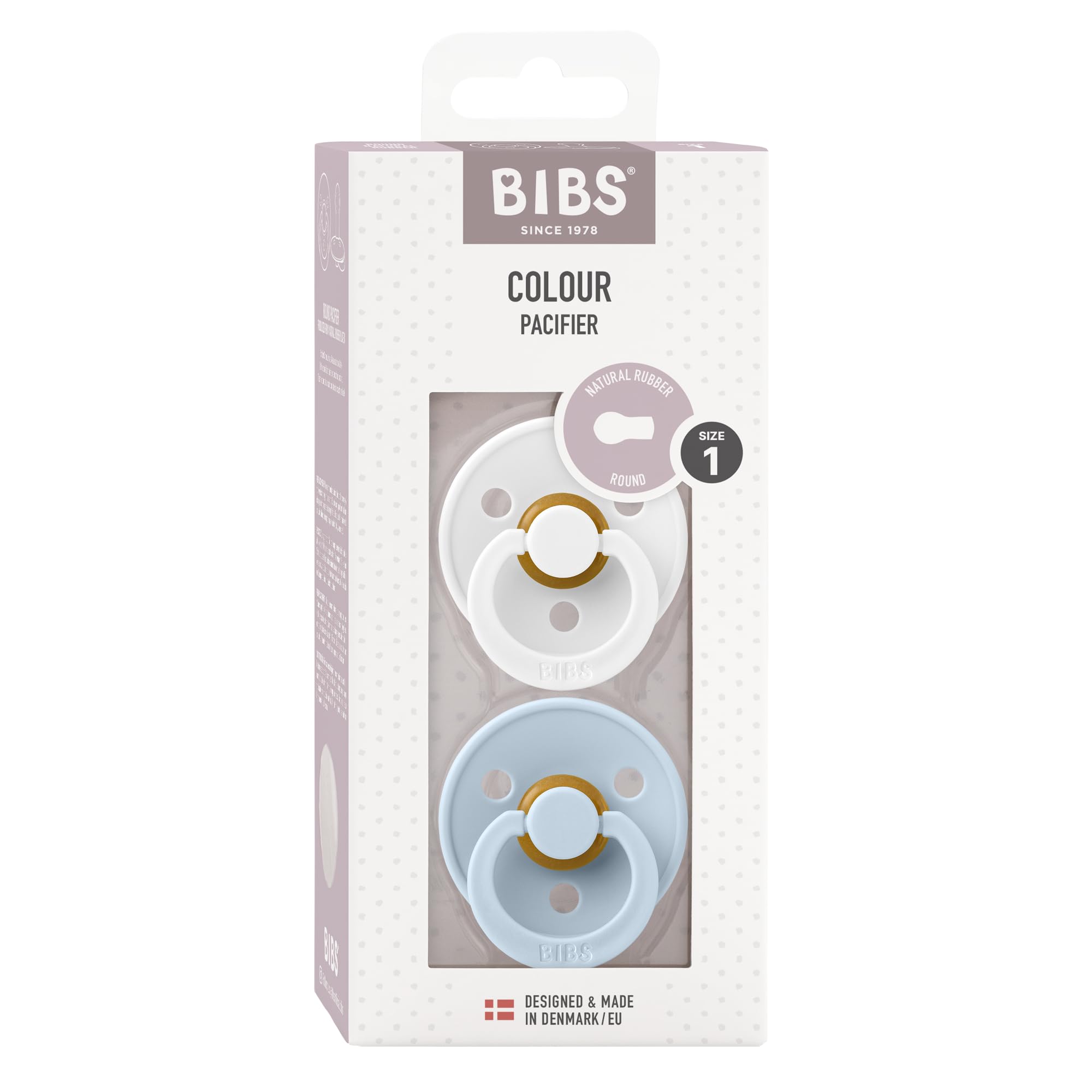 BIBS Pacifiers Colour Collection | Natural Rubber Baby Pacifier | Set of 2 BPA-Free Soothers | Made in Denmark | 0+ Months (Pack of 2) | Baby Blue/White