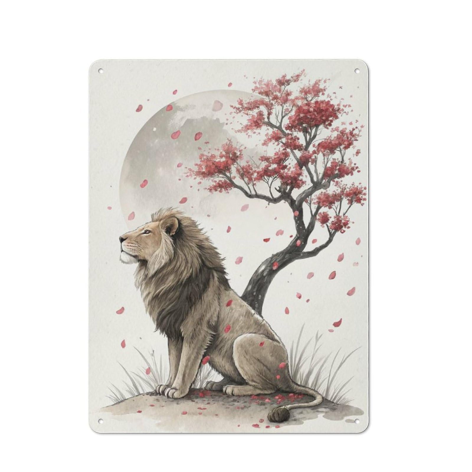 Junmoney Style-12 Tin Wall Plaque 40X30cm With Lion Under A Cherry Blossom Tree For Studio Or Craft Room, Suited To Studio Decor Lovers