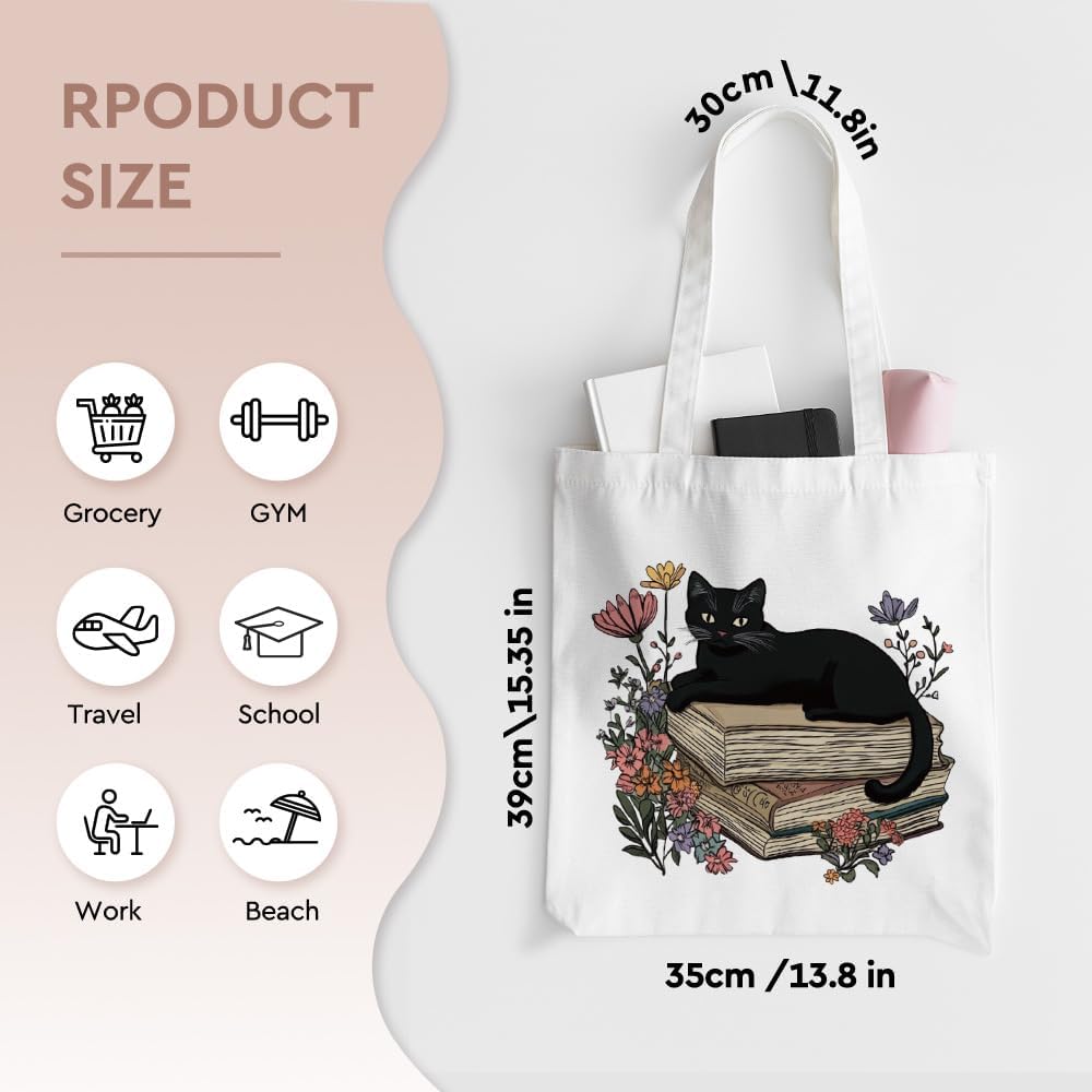 Black Cat Themed Canvas Tote Bag for Cat Lover,Cute Flower Book Totebag Gifts for Women Book Lover Reader,Library Book Bag for Librarian,Ideal Cats Gifts for Birthday Morther's Day Book Club-15 - Image 2