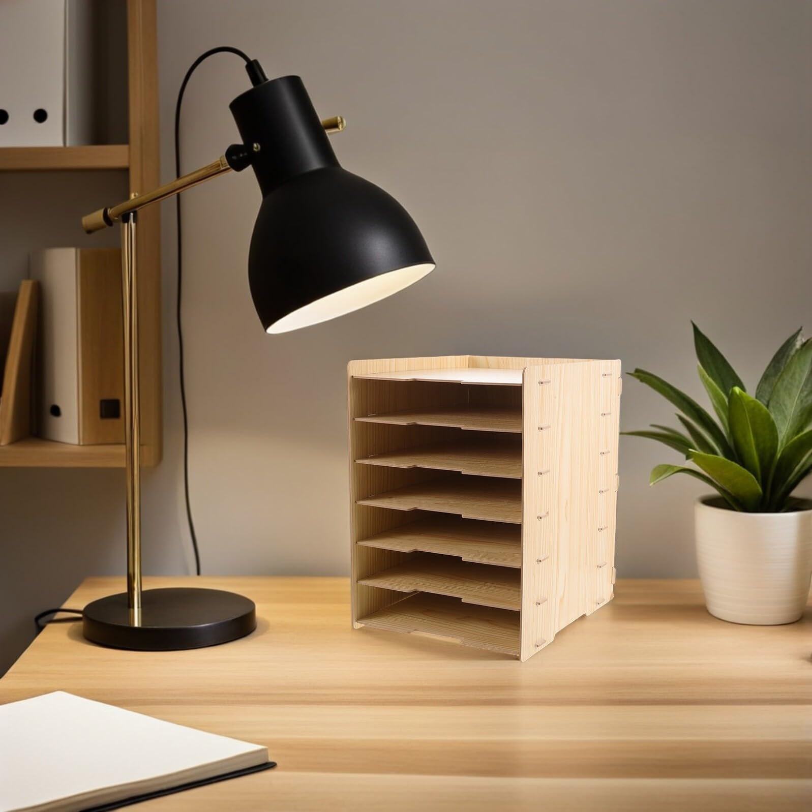 SHINEOFI Portadocumenti in Legno a 7 Livelli Impilabile con Design Naturale, Organizzatore da Scrivania per Ufficio e Home Office con Visibilità Ottimizzata dei Documenti