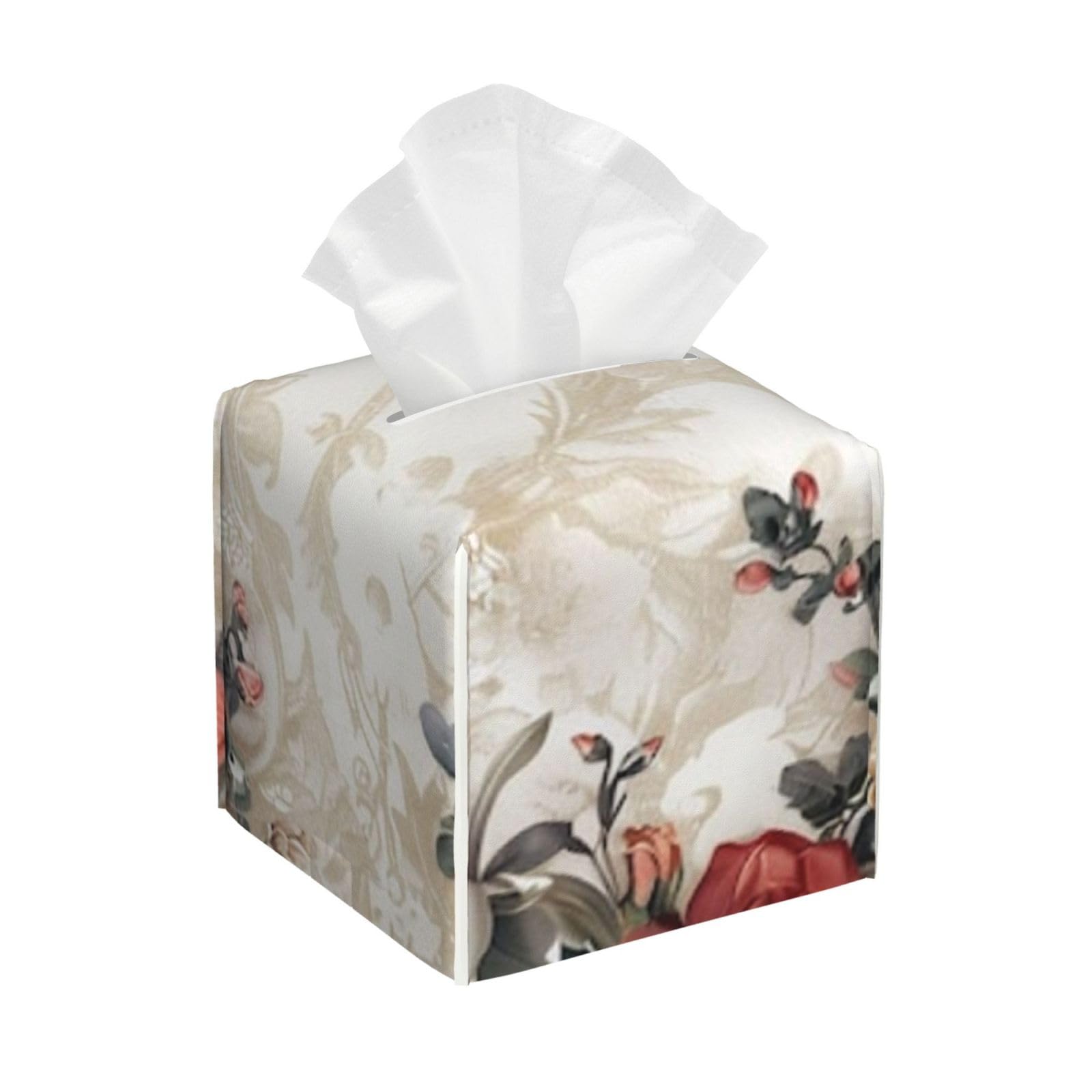 Tissue Box Cover with Floral Pattern Pattern Leather Tissue Box Holder Waterproof Decorative Napkin Organizer for Bathroom Home Car Nightstand Vanity