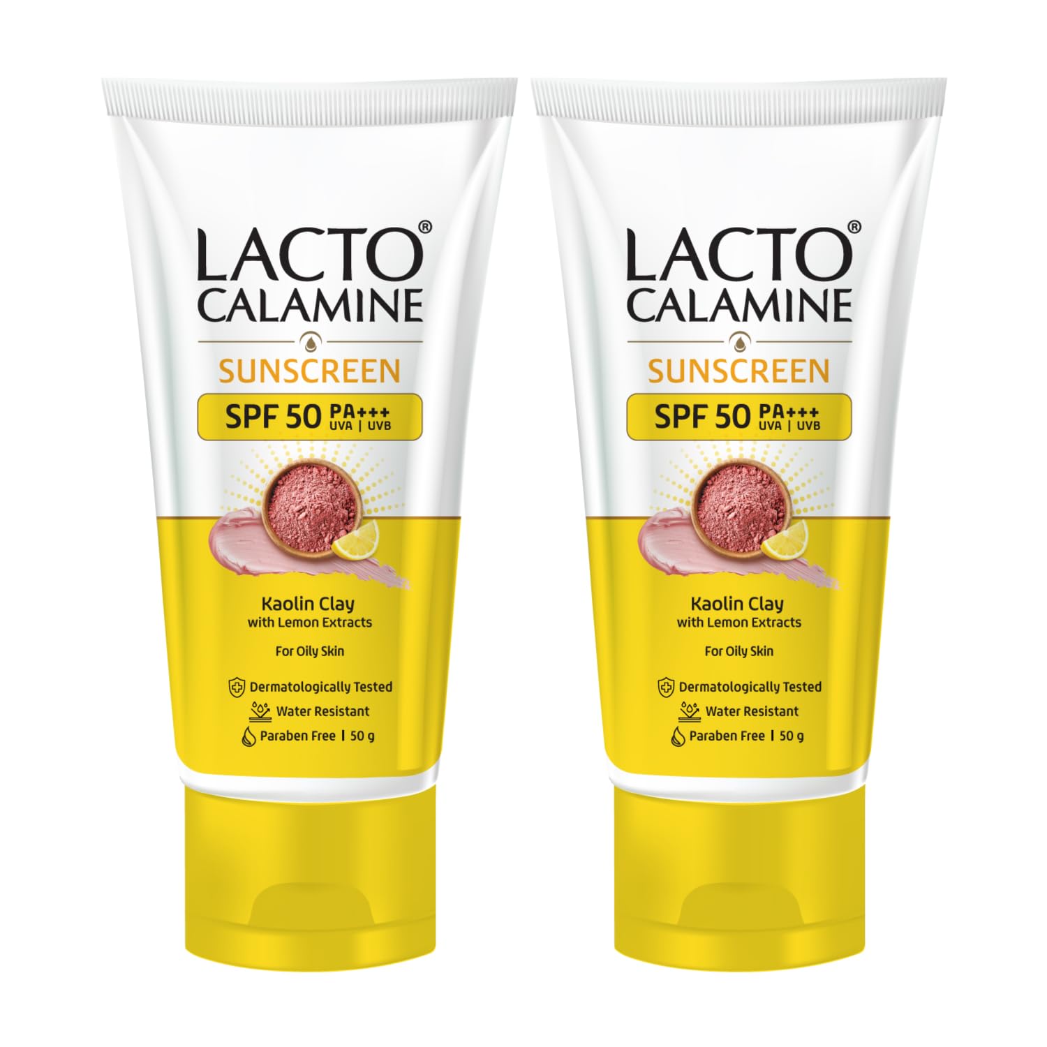 Lacto Calamine Sunscreen SPF 50 | 50g Each - Pack of 2 | PA +++ Sunscreen For Oily Skin | UVA – UVB Sunscreen | Water Resistant & No White Cast | With Kaolin Clay, Vitamin E & Lemon Extracts
