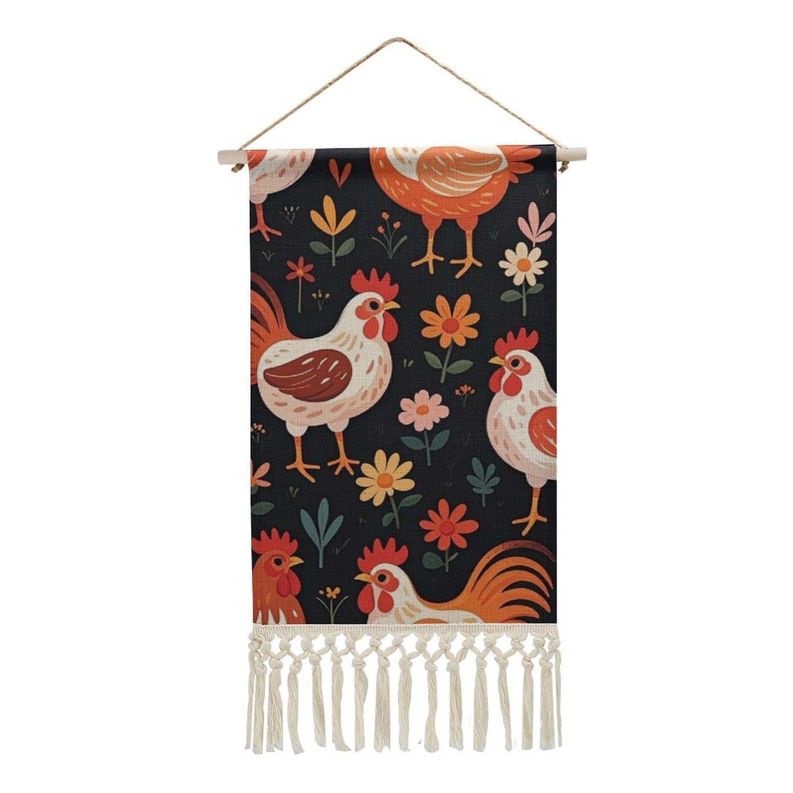 FekiLoot Cute Rooster Chickens Wall Art Poster Hanger Frame Vertical Tassel Tapestry Cotton Linen Hanging Poster Decorative Wall Art Prints Vintage Wall Art Decor for Home Bedroom Living Room Office
