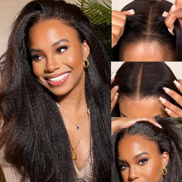 Nadula Peluca rizada recta para poner y llevar, peluca de cabello humano precortada sin pegamento, cabello lacio 4C Yaki para mujeres, no necesita