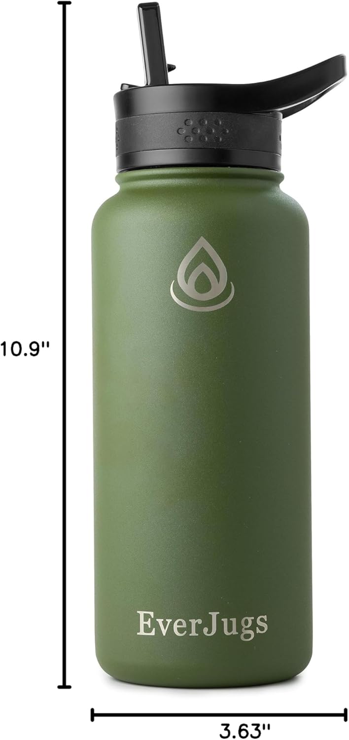 Water Bottle - 32 Oz, Wide Mouth, Premium Stainless Steel Bottle with Straw Lid, Double Walled Vacuum Insulated, Thermo Mug, Metal Flask, Leak Proof, Eco-Friendly
