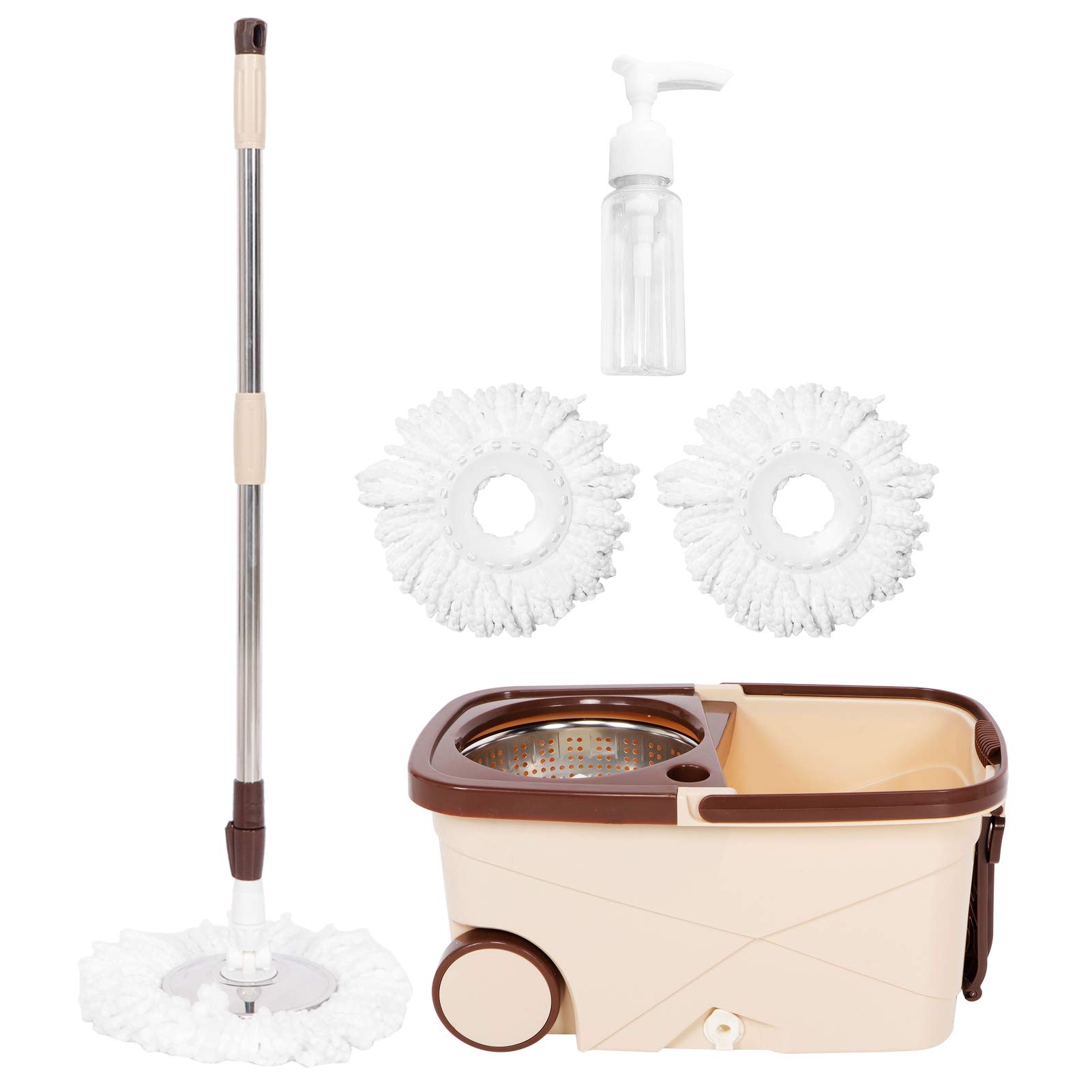 Ausla Kit de Fregona de Piso, Fregona de Limpieza de Acero Inoxidable 304 con Cubo, de Limpieza de Piso Giratorio, de 94-124 Cm, Cabezal de Microfibra, para Cocina, Baño, Oficina, Azulejos de Madera