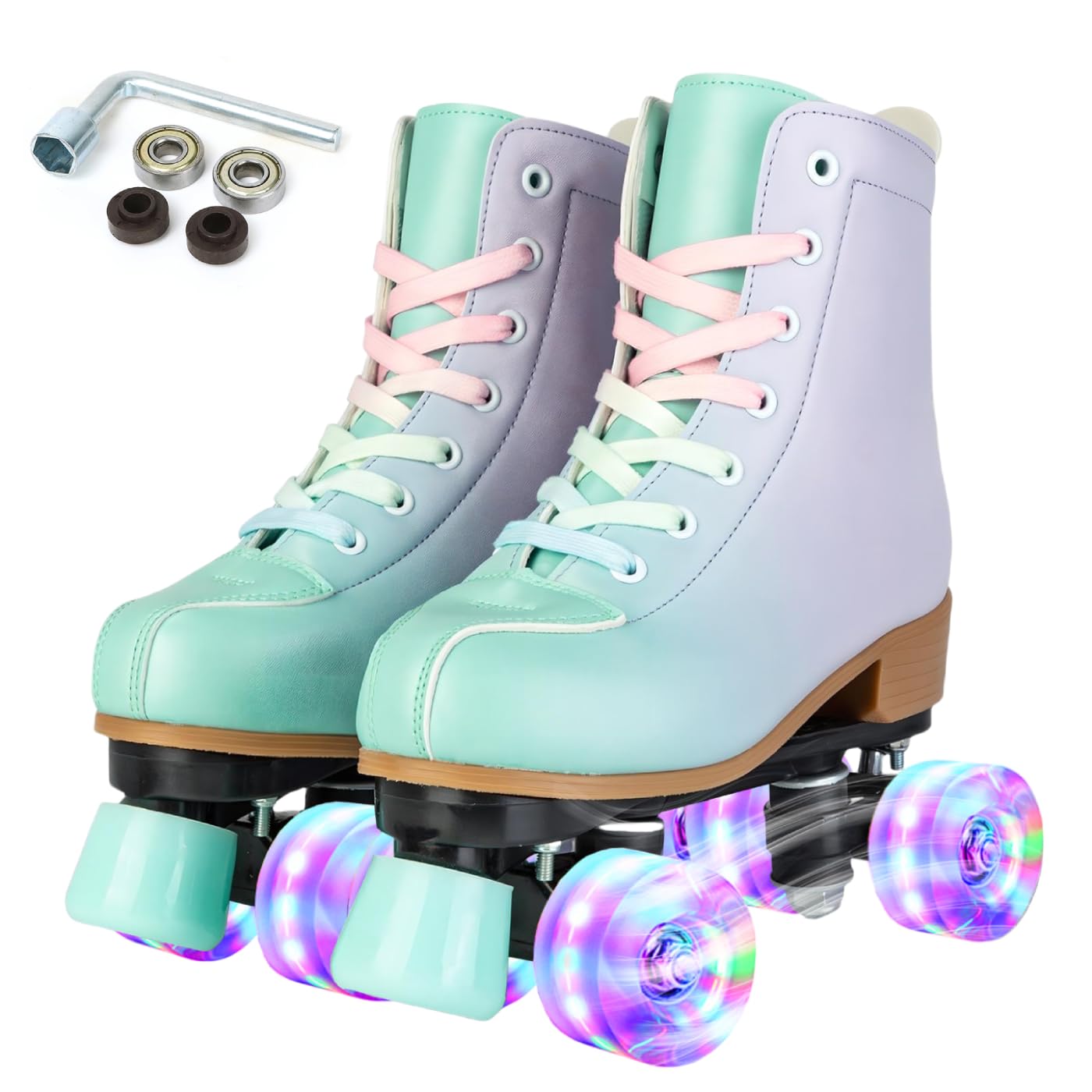 XUDREZ Roller Skates for Girl Women Roller Derby Skates Adult Light Up Double Row Adjustable Roller Skates PU Skates Shoes for Kid Beginner Outdoor (Green purple flashing wheel 41)