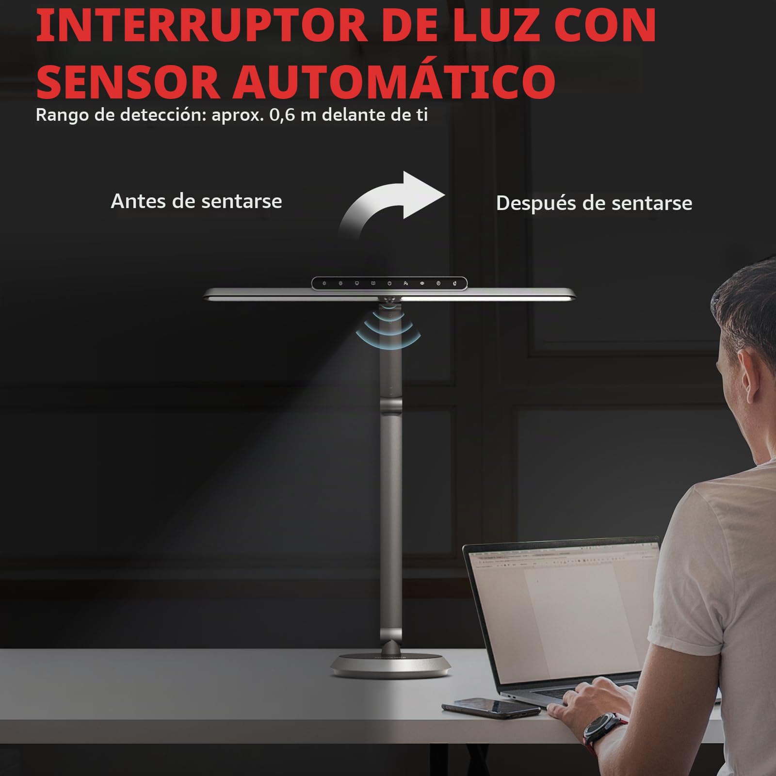 Honeywell Lámpara escritorio LED regulable H9 Sunturalux sensor movimiento | 1000LM, 2700K-5000K, cuidado ocular, RG0 baja luz azul, regulación continua, lámpara para escritorio, estudio y ordenador