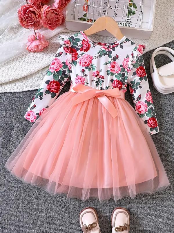 Image of Niren Enterprise 1019 Long Sleeve Printed Flower Belted Square Neck Baby Girl Frock with Knee-Length and A-Line Style