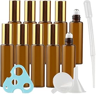 TIANZD 10Pcs, 10ml Empty Amber Brown Glass Essential Oil Roller Bottles with Gold Screw Cap Roll on Bottles Rollerball Bottle for Essential Oil Perfume, 1x Funnel 1x Opener 1x pipette