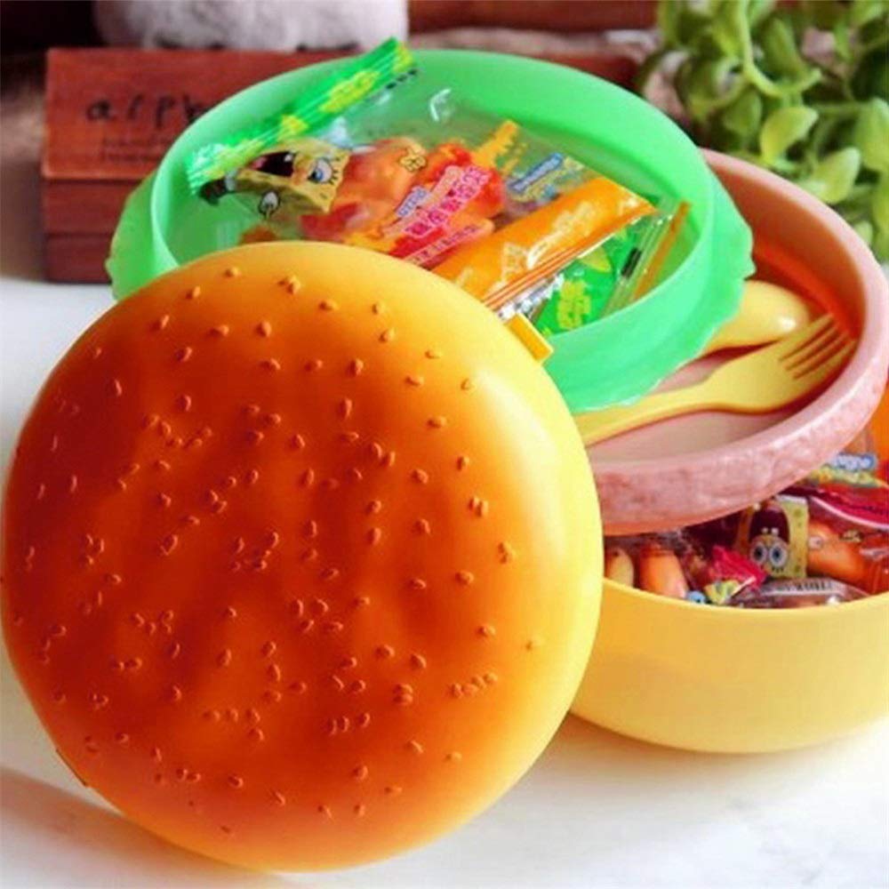 Pudełko na Lunch Bento, Pudełka Do Przechowywania Żywności, Śliczne Hamburger Dwuwarstwowe Pudełko Na Lunch Pudełko Na Burger Bento Lunchbox Dzieci Szkolny Pojemnik Na Żywność Zestaw Stołowy z Widelce