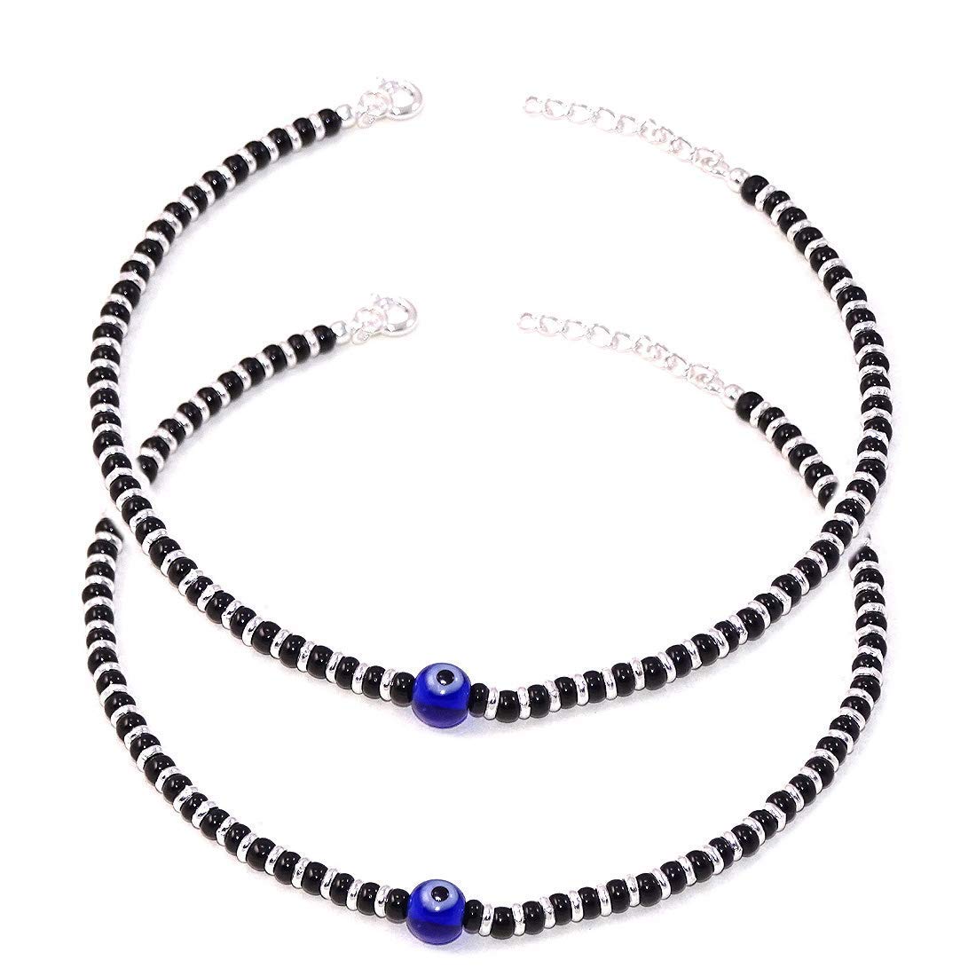 DHRUVS COLLECTION925 Silver Evil Eye Nazariya Anklet, Payal with Black & Silver Crystal Beads for Girls & Women
