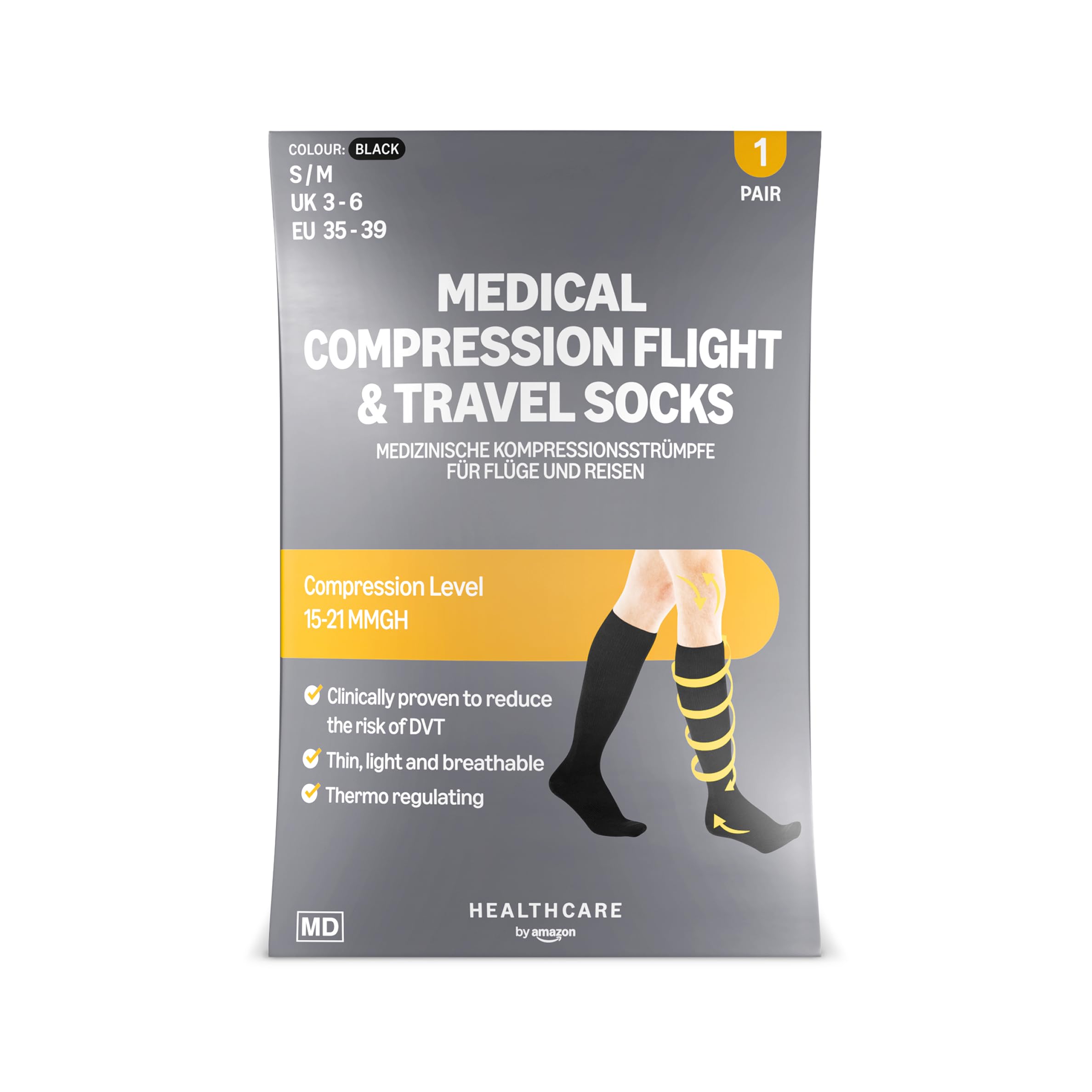 Healthcare by Amazon Medical Compression Socks, Class I (18–21 mmHg), Graduated Compression – for Flights, Travel & DVT Prevention, Breathable & Anti-Odour, Black, Size S/M (35–39)