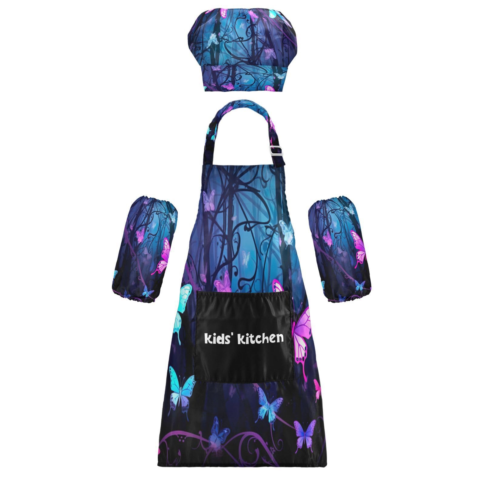 FRCSDIY Purple Blue Butterflies Kids Apron and Chef Hat Set,Adjustable Aprons with Pockets for Boys Girls Cooking Baking Painting-M