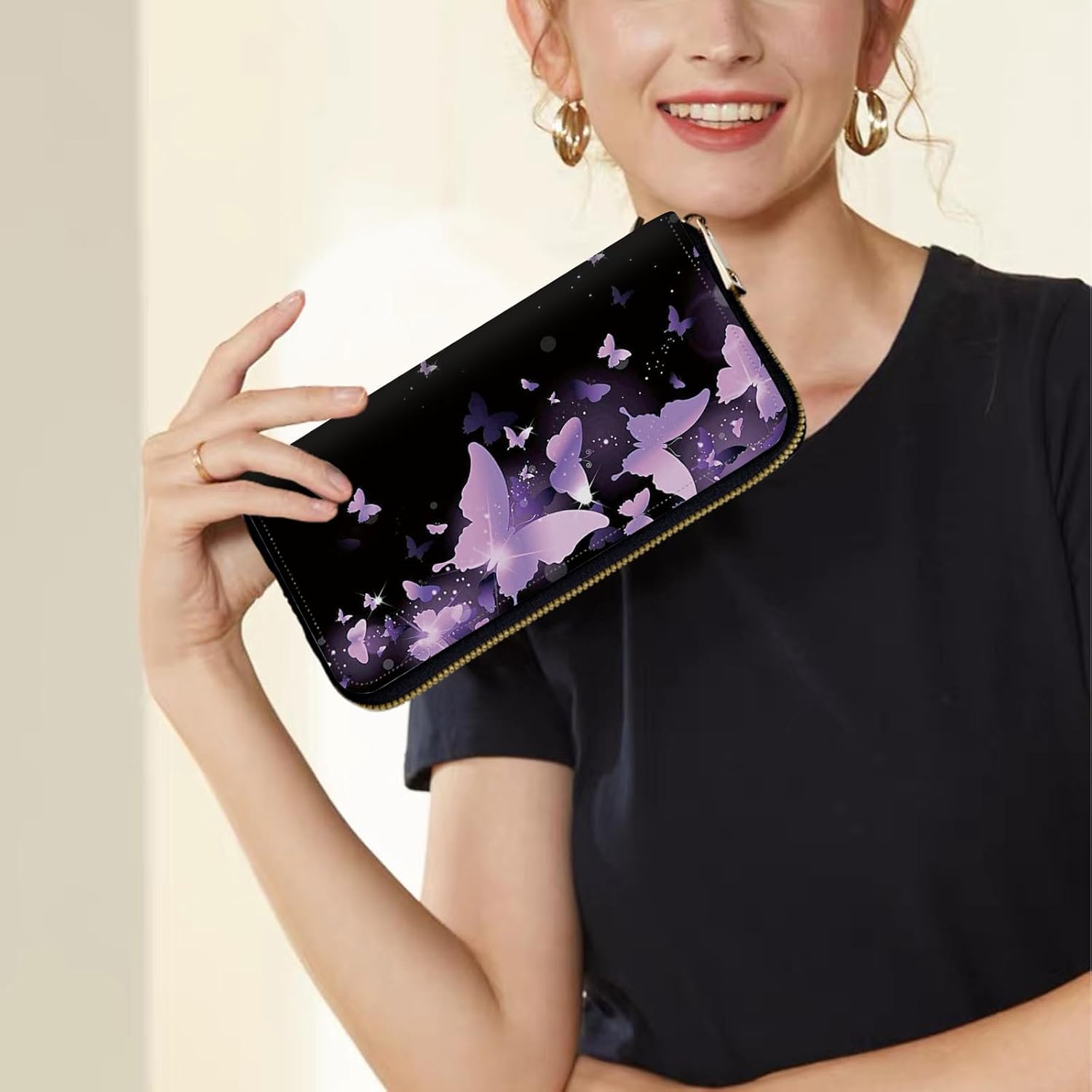 Women's Wallets,Credit Card Holder Money Leather Long Wallet with Wristlet,Large Capacity with Zip-Around Phone Purse for Women Ladies Girls,Purple Butterfly - Image 7