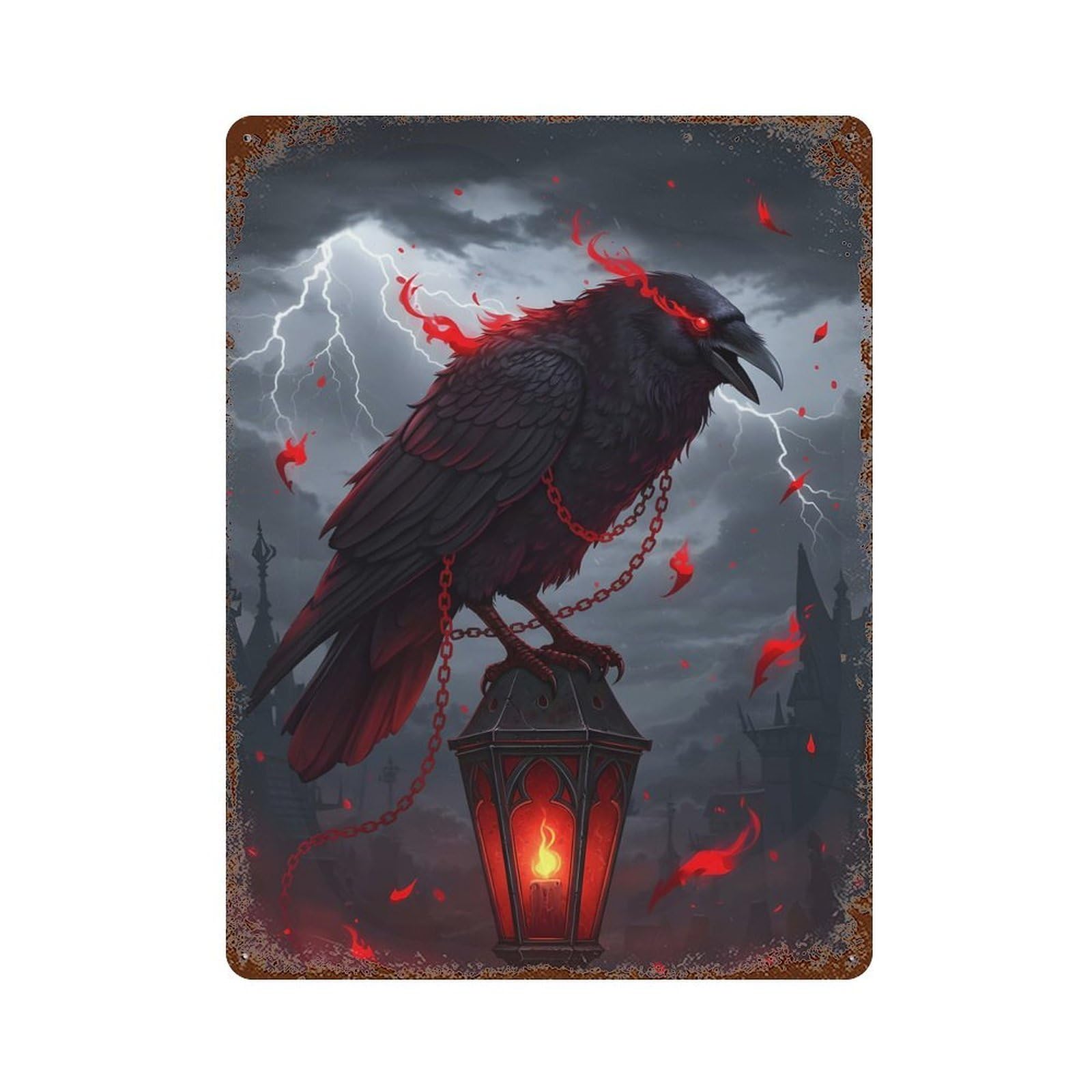 Retro Metal Sign with Fiery Raven on A Lamp Design 15.7"x11.8", for Living Room, Hallway And Home Decor, Farmhouse Wall Decor