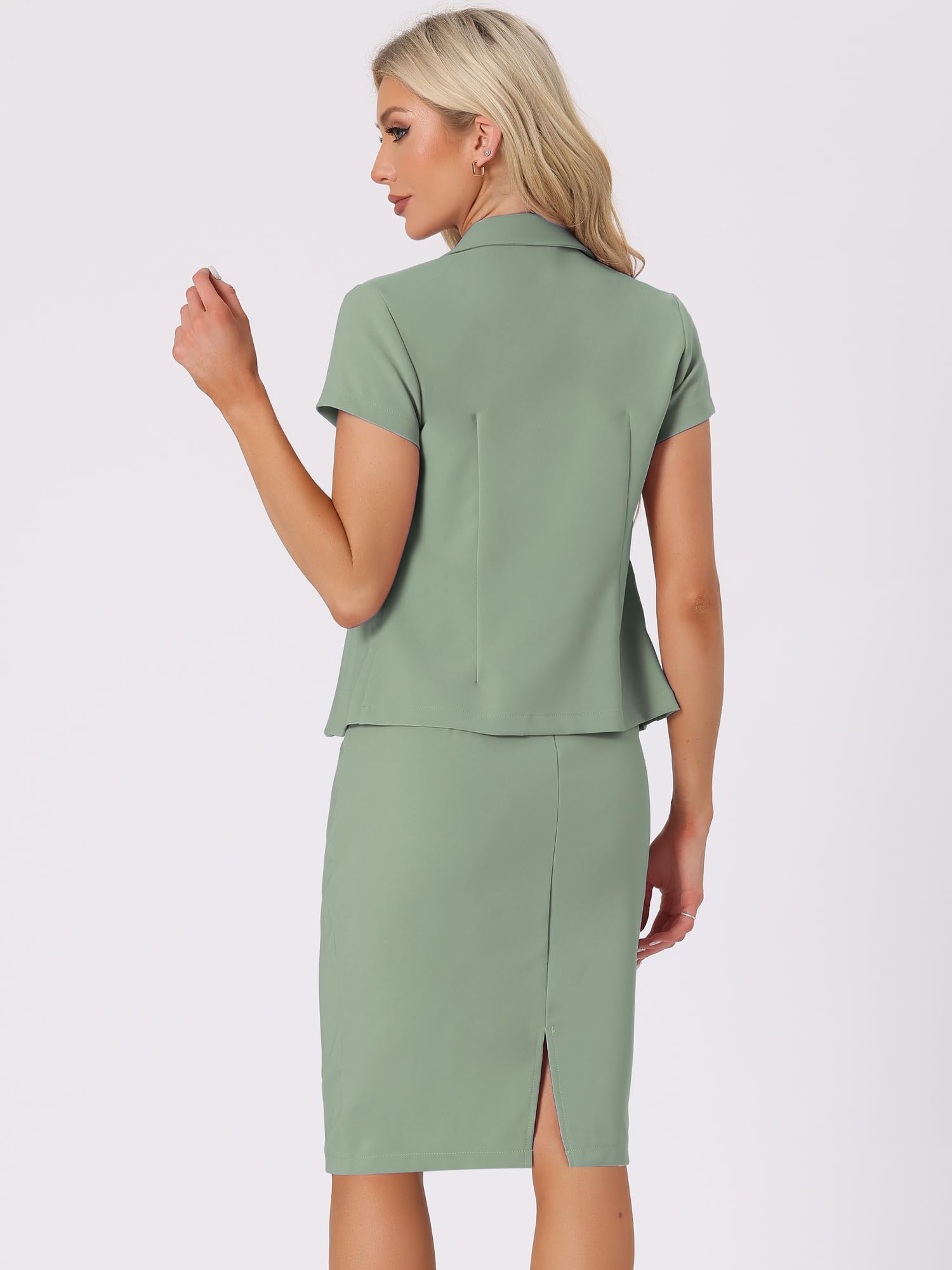 Allegra K Conjunto de Traje de 2 Piezas de Negocios para Mujer, Manga Corta, Chaqueta, Falda lápiz