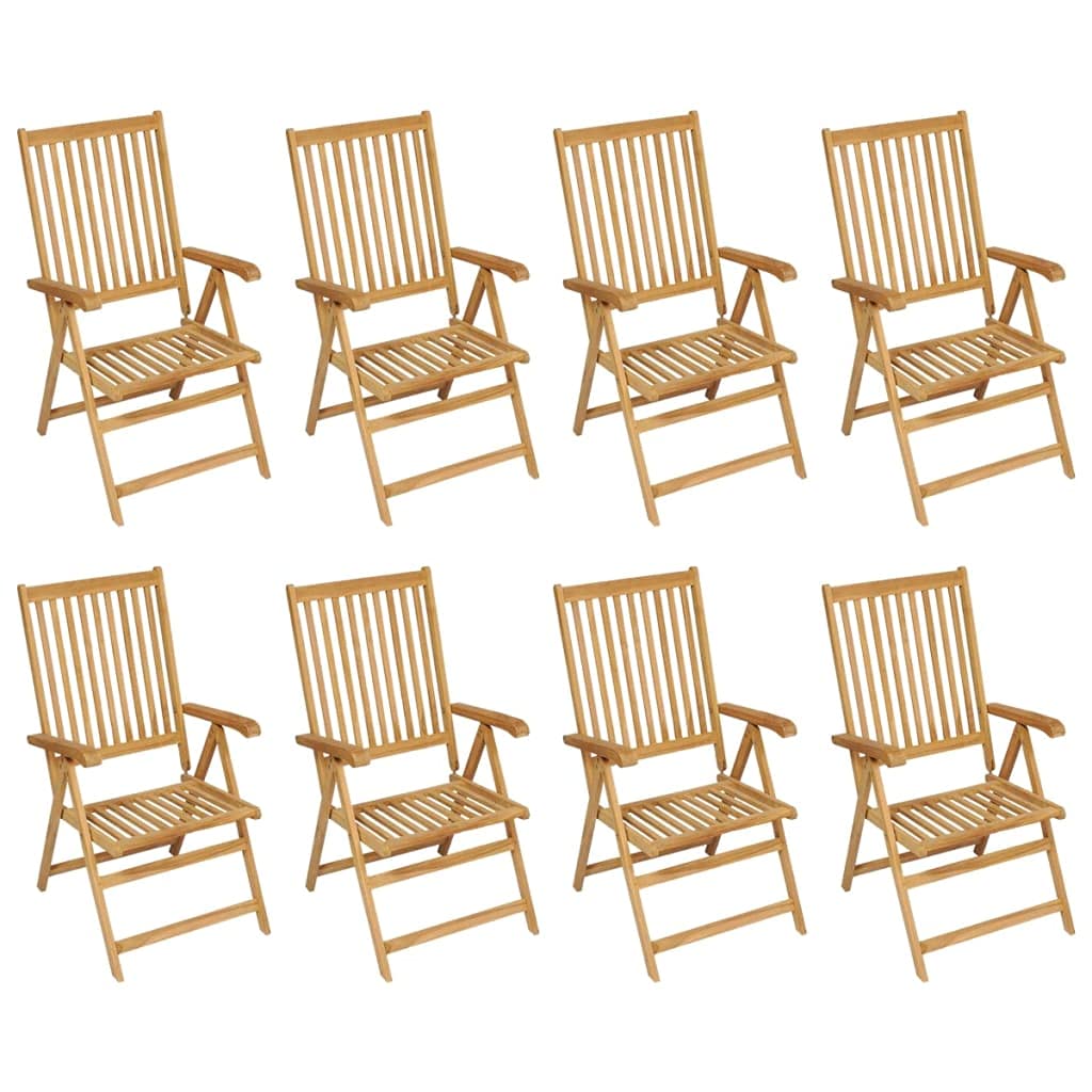 9-TLG. Gruppo da giardino in legno massello teak con foro parasole e sedie pieghevoli con schienale regolabile per terrazza