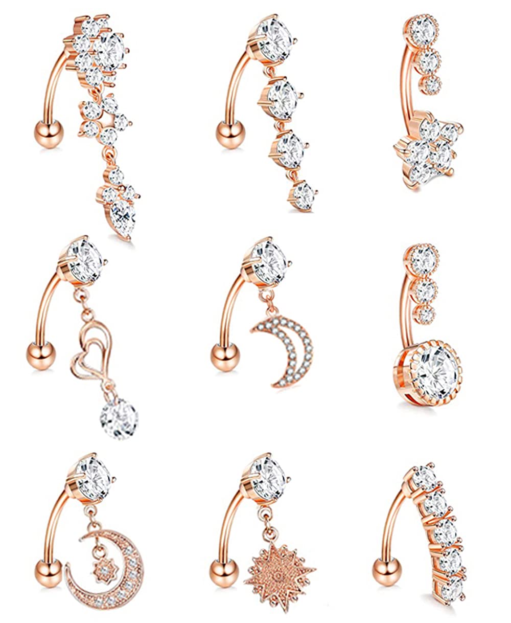 MasedyMasedy 9Pcs 14G Stainless Steel Dangle Belly Rings for Women Reverse Navel Rings Curved Barbell Body Piercing Jewelry