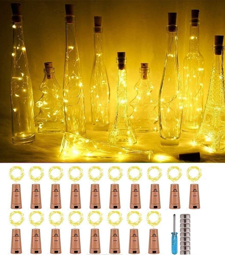 SunKite Wine Bottle String Lights with Cork,18 Pack 20 LED Warm White Mini Silver Copper Wire Fairy Lights Fit DIY Party Wedding Table Centerpieces Decor (Warm White)