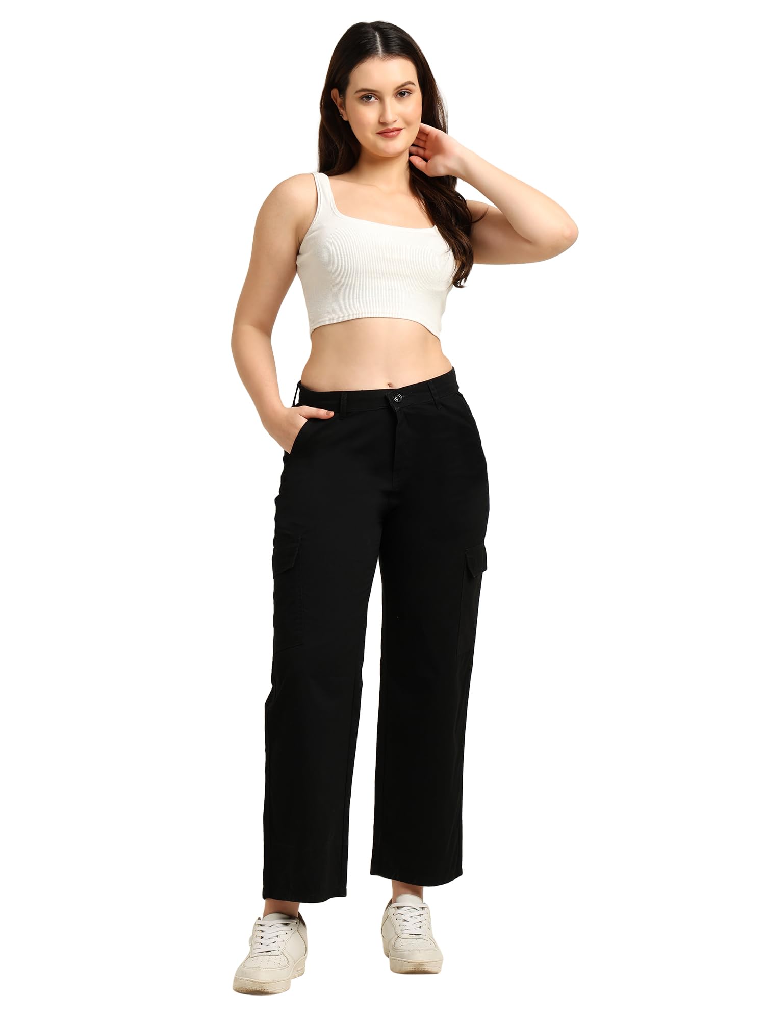 zayla Women's Cargo Cotton Jeans I Non-Stretchable High-Waisted Solid Boyfriend Pant with Multi-Pocket I Straight Fit Trouser Track Pants for Casual Everyday Wear-picture-44