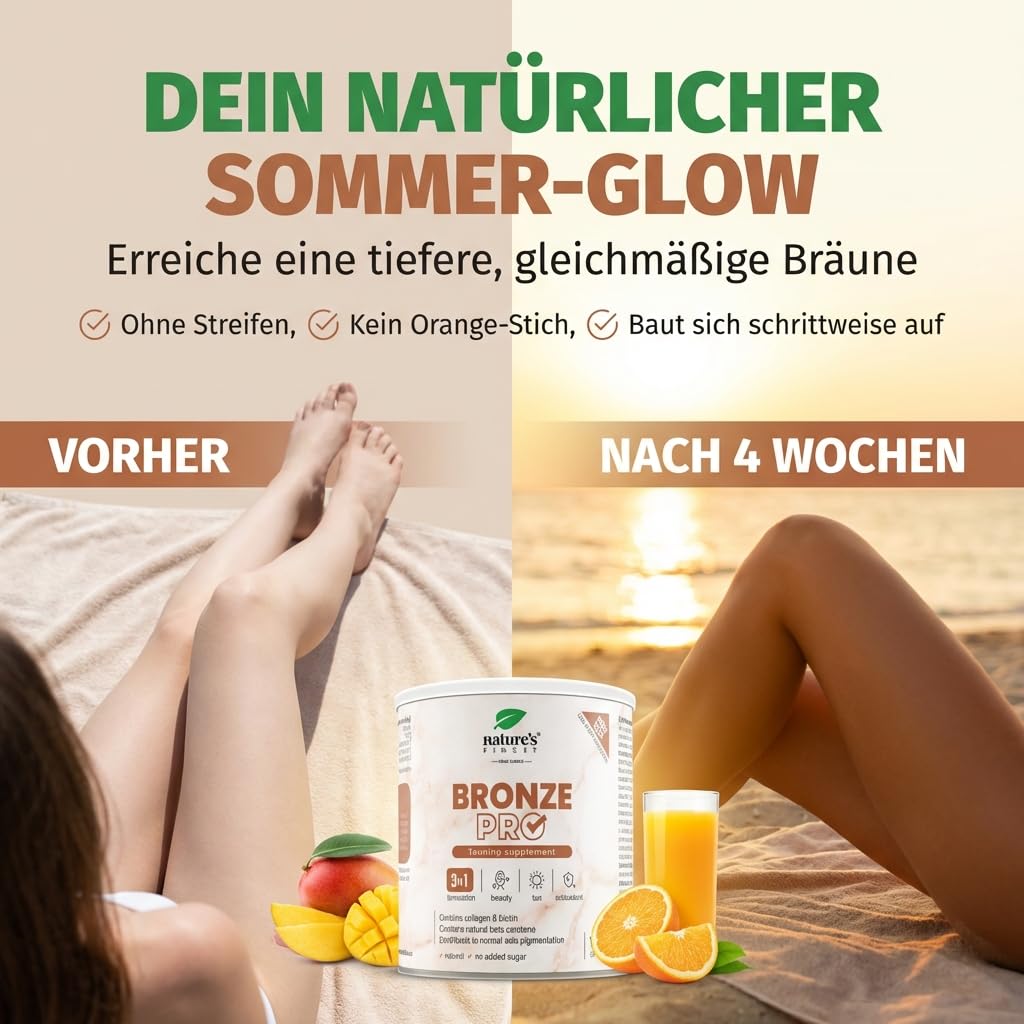 Nature's Finest Bronze PRO, Trinkpulver 125 g | Trinkpulver mit Beta-Carotin, Kollagen, Kupfer, Biotin & Vitamin C - tropischer Geschmack, mit Stevia