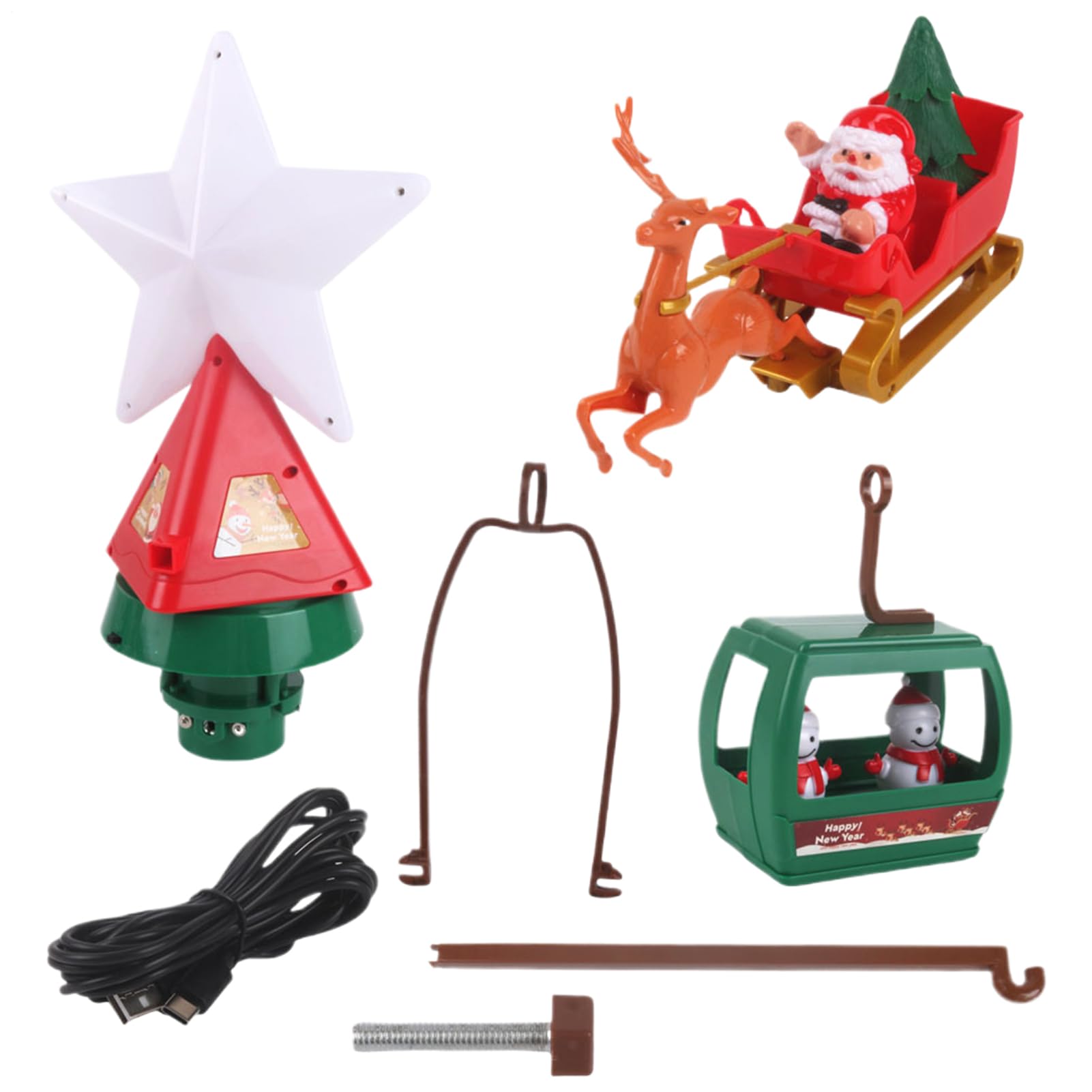 Giratorio para árbol de Navidad, Estrella iluminada alimentada por USB con Trineo de Papá Noel y muñecos de Nieve con Luces Musicales, decoración para árbol para casa de Vacaciones