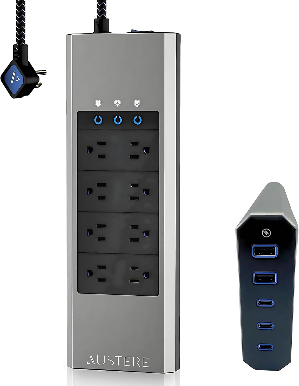 Brushed Aluminum 8-Outlet Power Strip with USB Ports