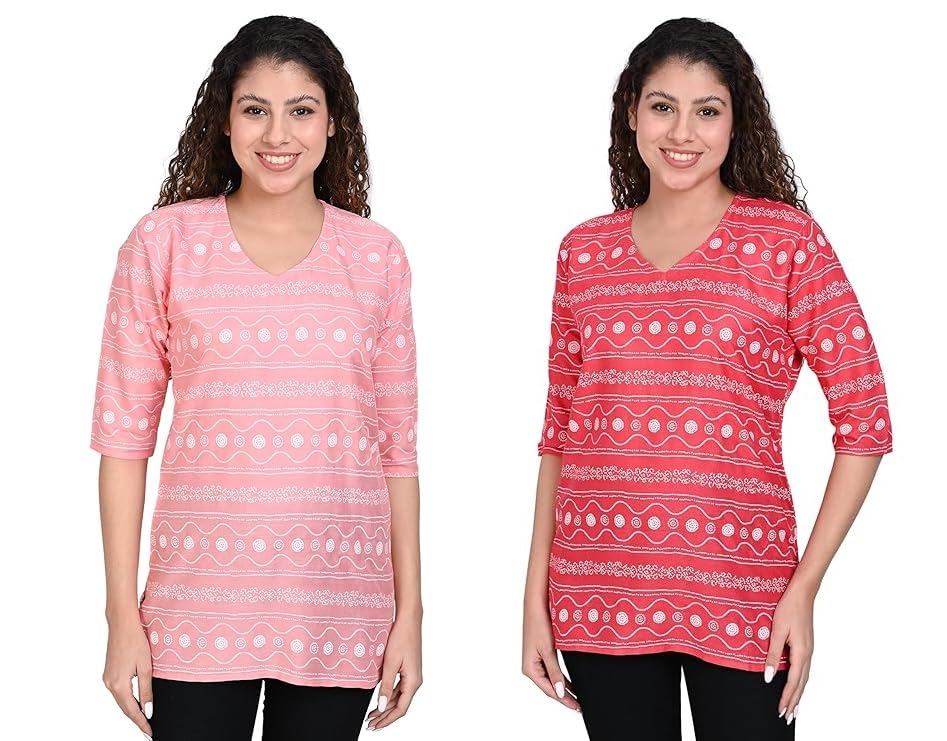 Image of OFEEFAN Women's Rayon Printed Short Kurtis - Pack of 2 | Ethnic Wear for Women | Regular Fit Comfortable Kurtas for Casual