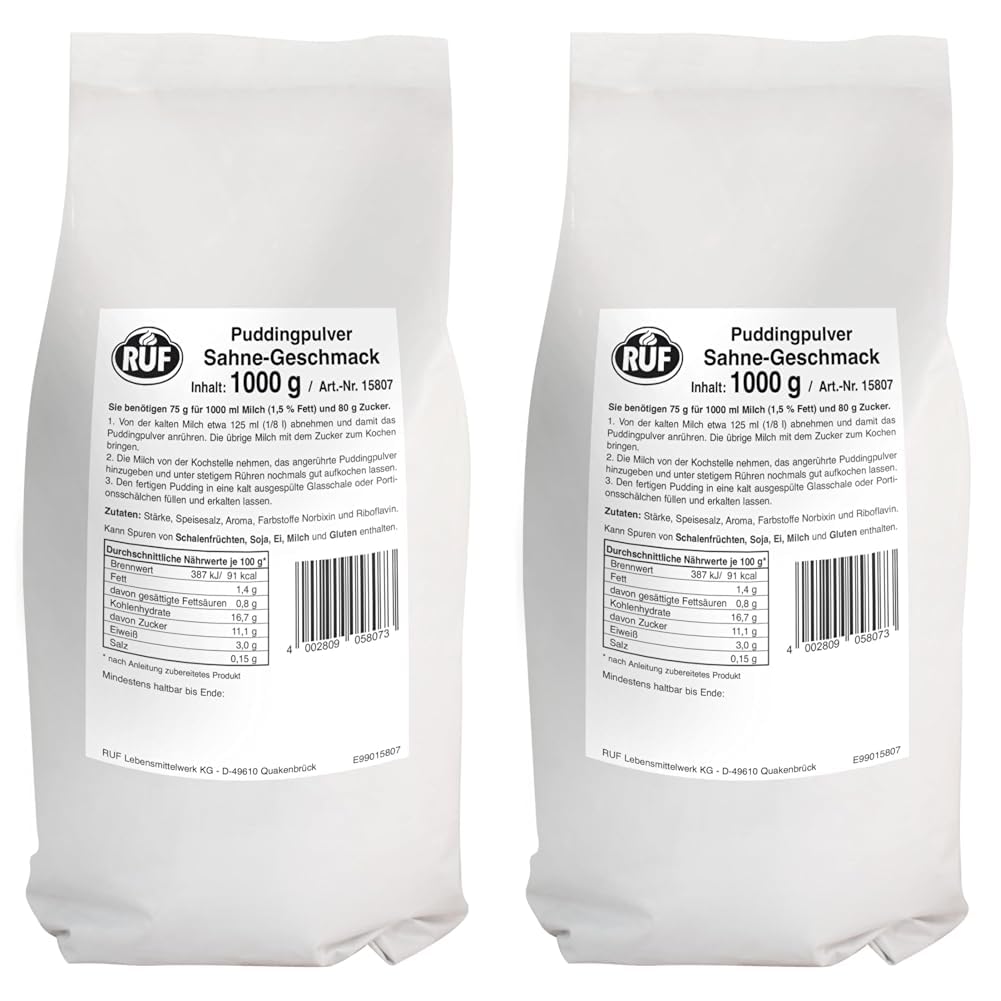 RUF Pudding Sahne, Puddingpulver für Sahnepudding, nur mit Milch und Zucker aufkochen, Großgebinde, glutenfrei, ohne Allergene, 1x1000g (Packung mit 2)