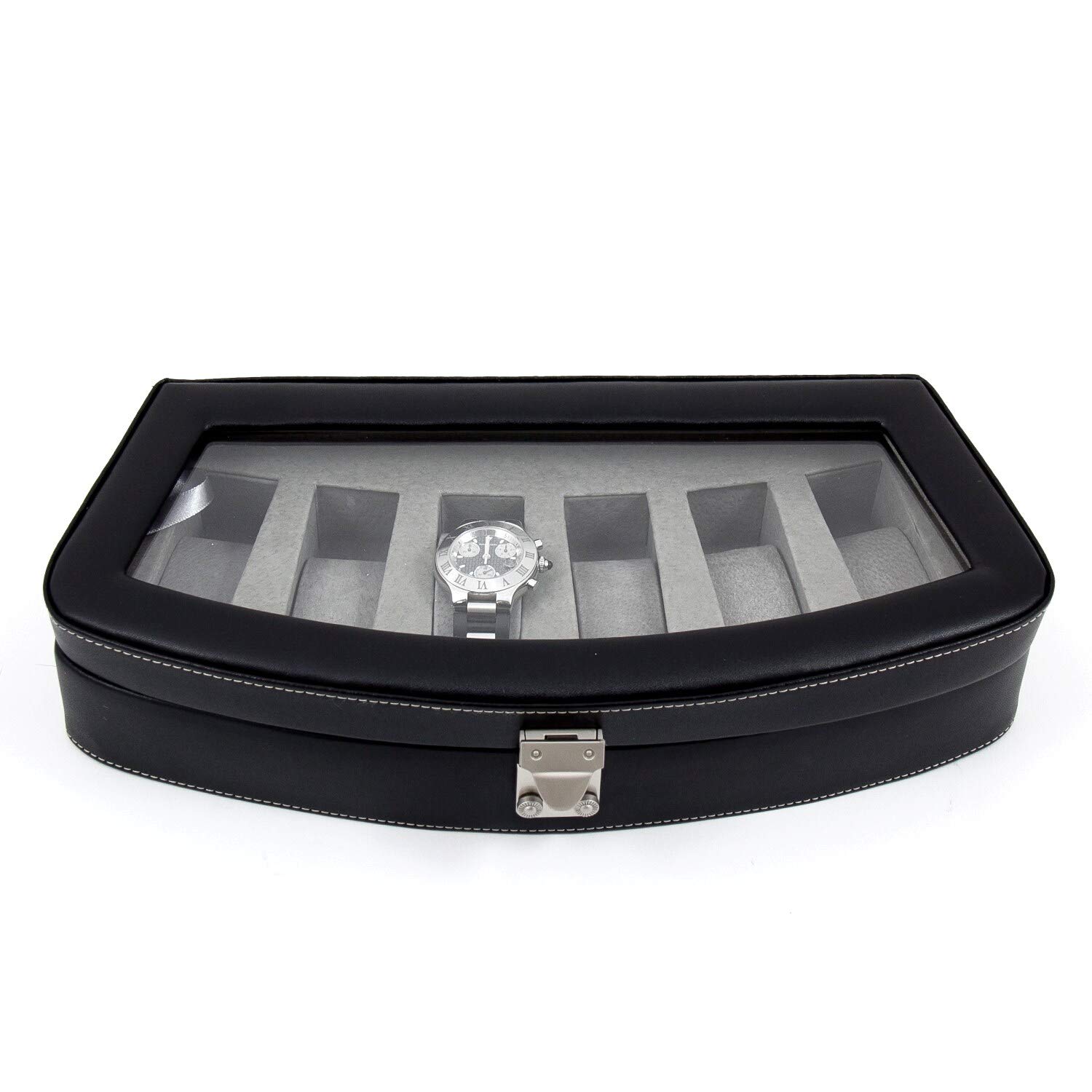 Black Leather 6 Watch Case with Glass Top and Locking Clasp 