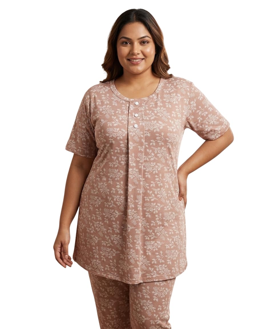 Women Plus Size Summer Nightwear for Ladies Cotton Blend Floral Print Nightsuit with Round Neck Half Sleeves Soft Breathable Sleepwear Set-image-21