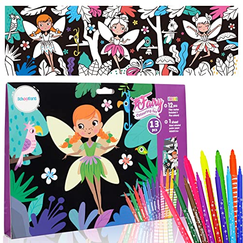 PinkSheep Póster para colorear de terciopelo con flores de hadas peludas 100 x 29,7 cm con 12...