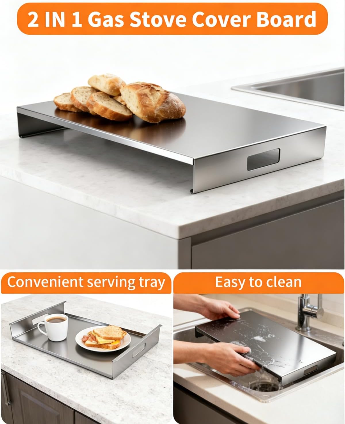 Gas Stove Top Covers,2 In 1 Gas Stove Cover,Stainless Steel Gas Stove Covers,Sink Cover Noodle Cutting Board For Electric Gas Burners Sink Noodle Board,Black,Single Size 15"x 21.5"x3"(2, Silver)