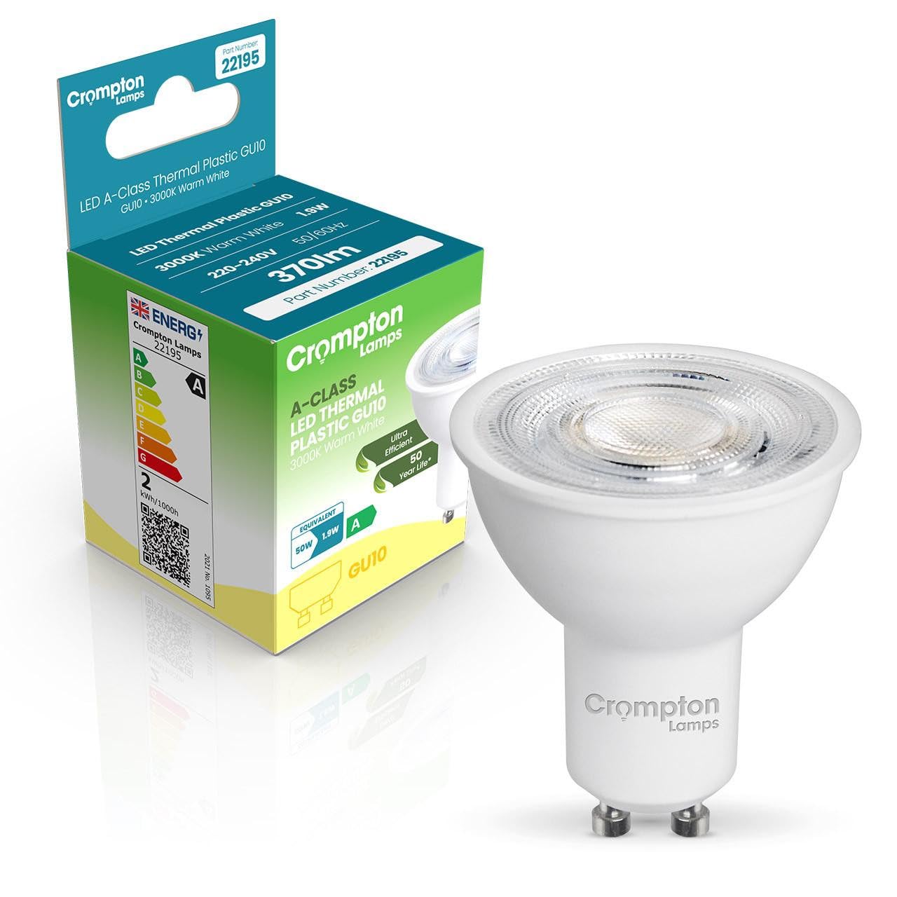 Crompton Lamps LED Ultra-Efficient GU10 Spotlight 1.9W A-Class (50W Equivalent) 3000K Warm White 36ยฐ 370lm Energy Efficient Filament A-Rated Multipack Light Bulbs (1)